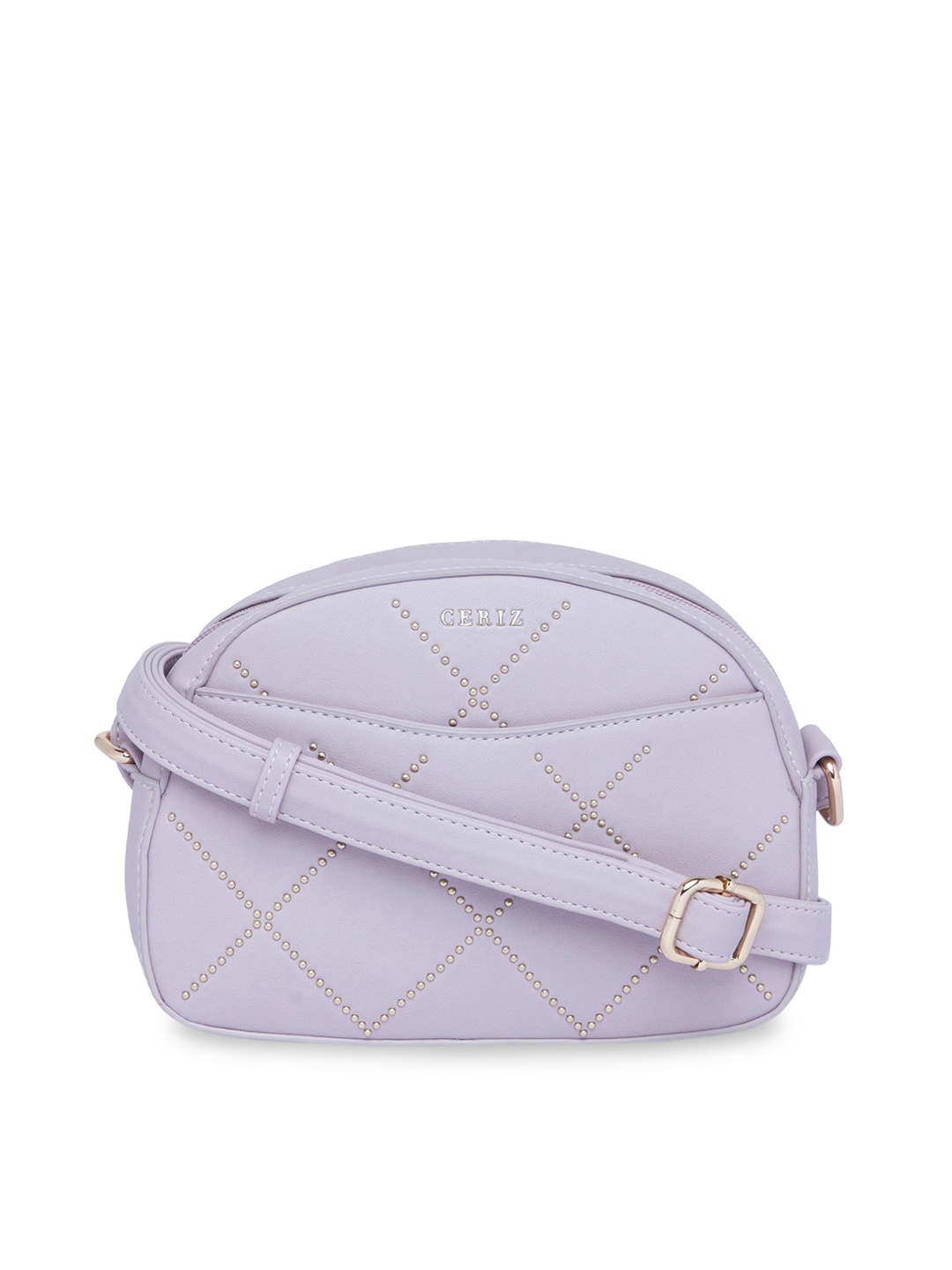 

CERIZ Purple & Silver-Toned Checked Embellished PU Half Moon Sling Bag