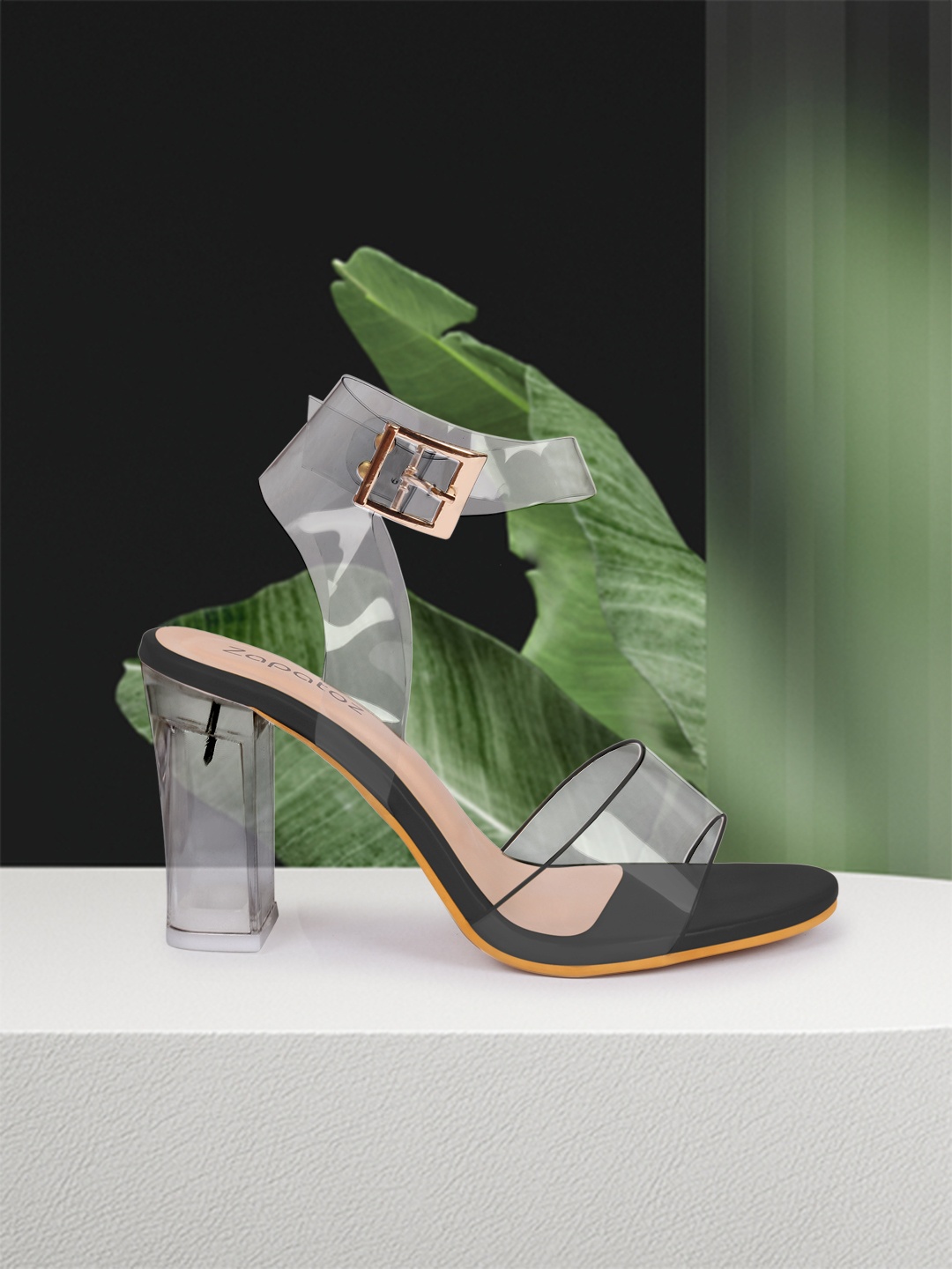 

ZAPATOZ Women Black PU Block Buckle Heels