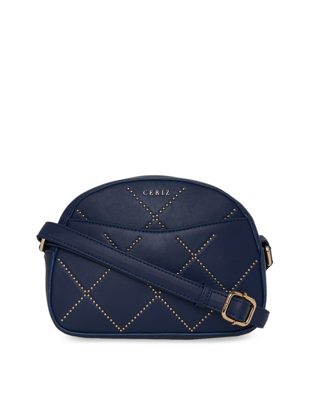 

CERIZ Navy Blue Embellished PU Structured Sling Bag