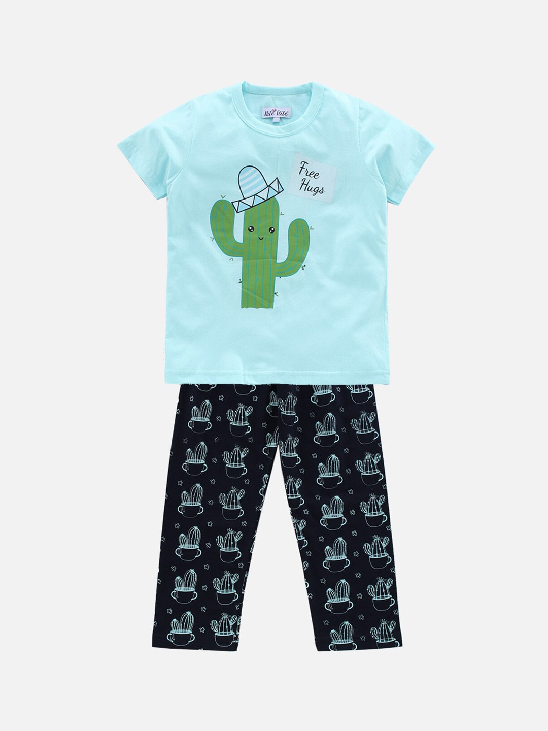 

Nite Flite Kids Blue & Green Conversational Printed Pure Cotton Night Suit