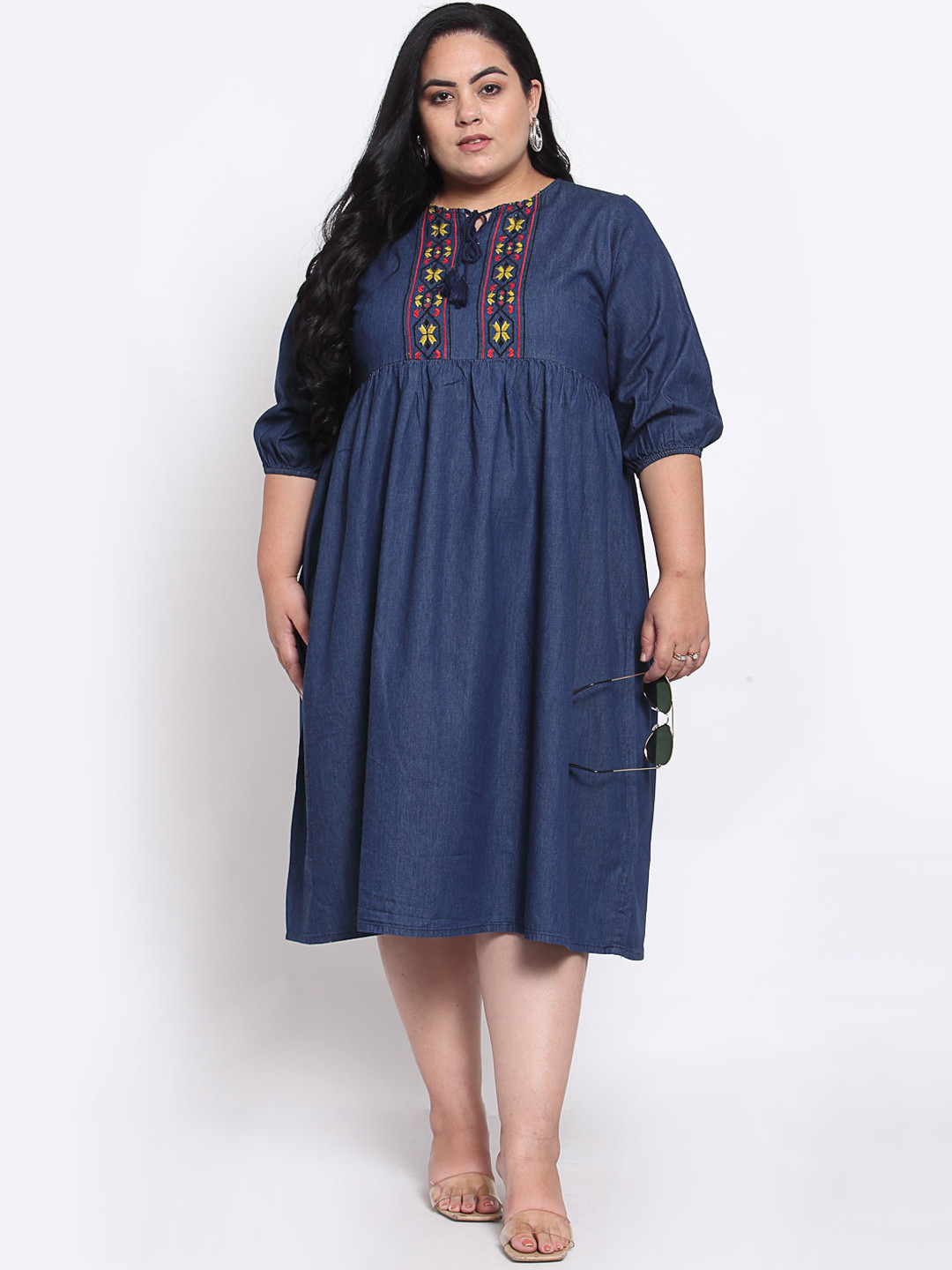 

MELON Women Blue & Yellow Embroidered Tie-Up Neck Empire Dress