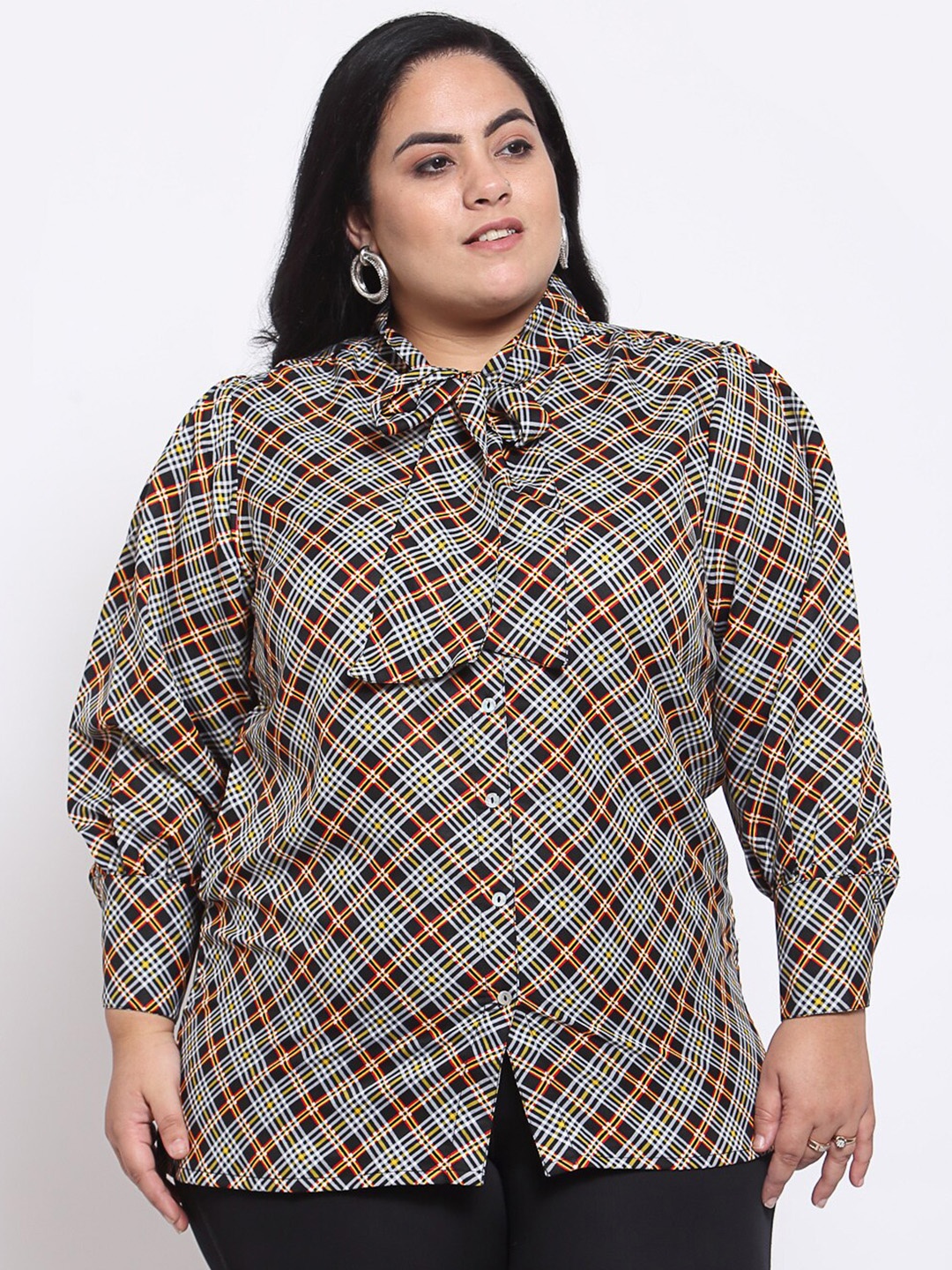 

MELON Women White & Orange Checked Tie-Up Neck Shirt Style Longline Top