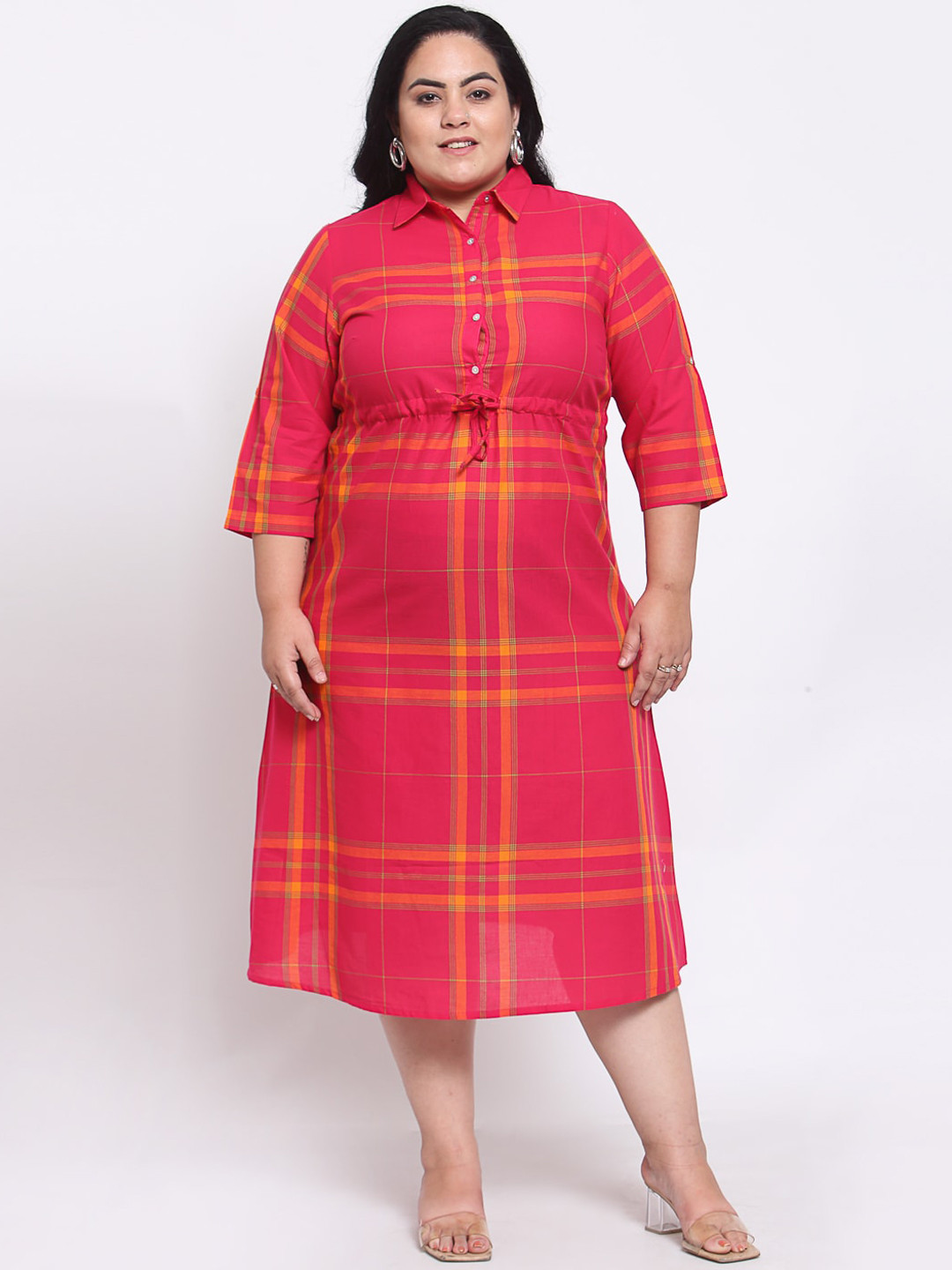 

MELON Women Pink & Orange Checked Shirt Midi Dress