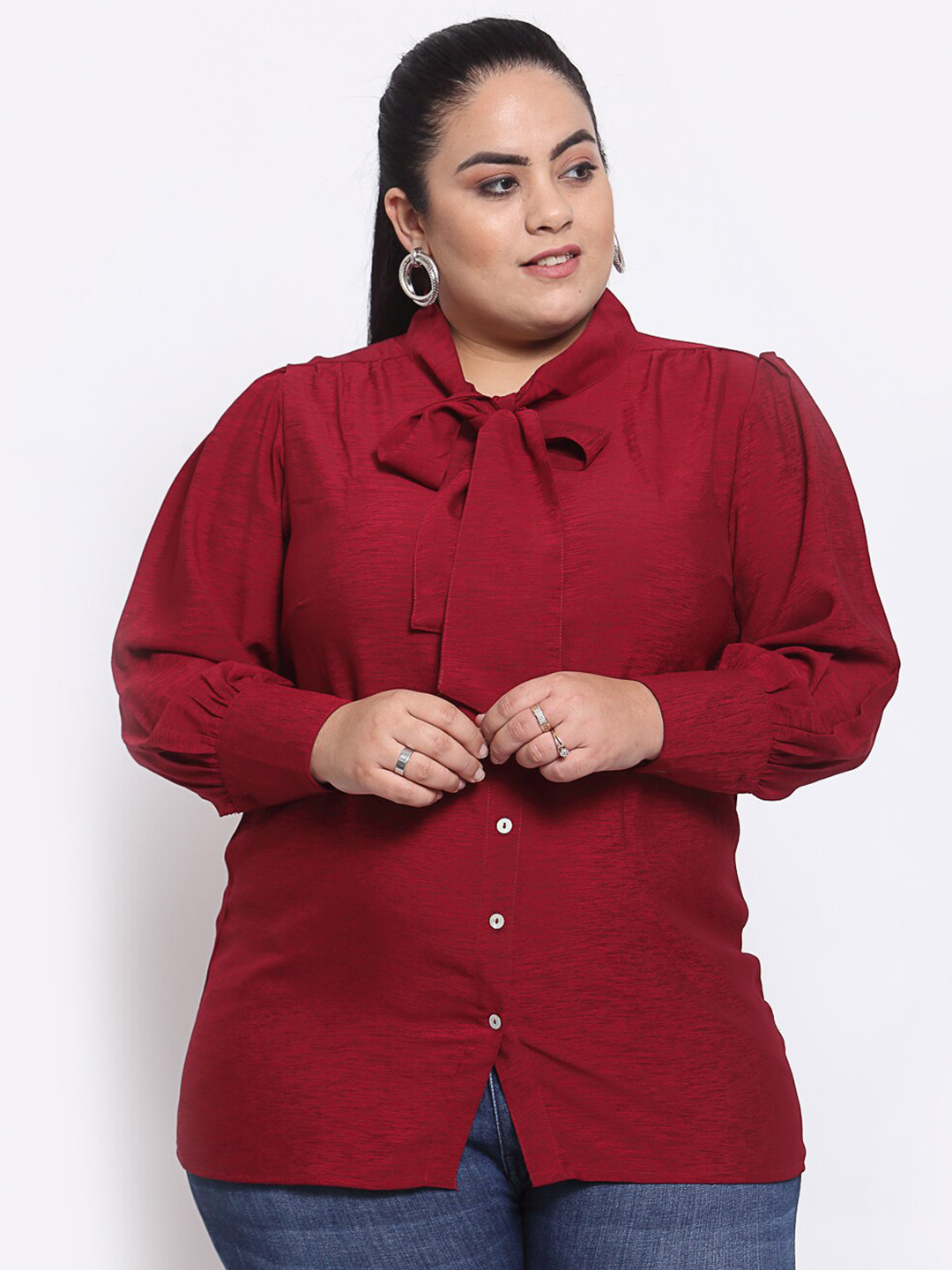

MELON Women Maroon Tie-Up Neck Shirt Style Top