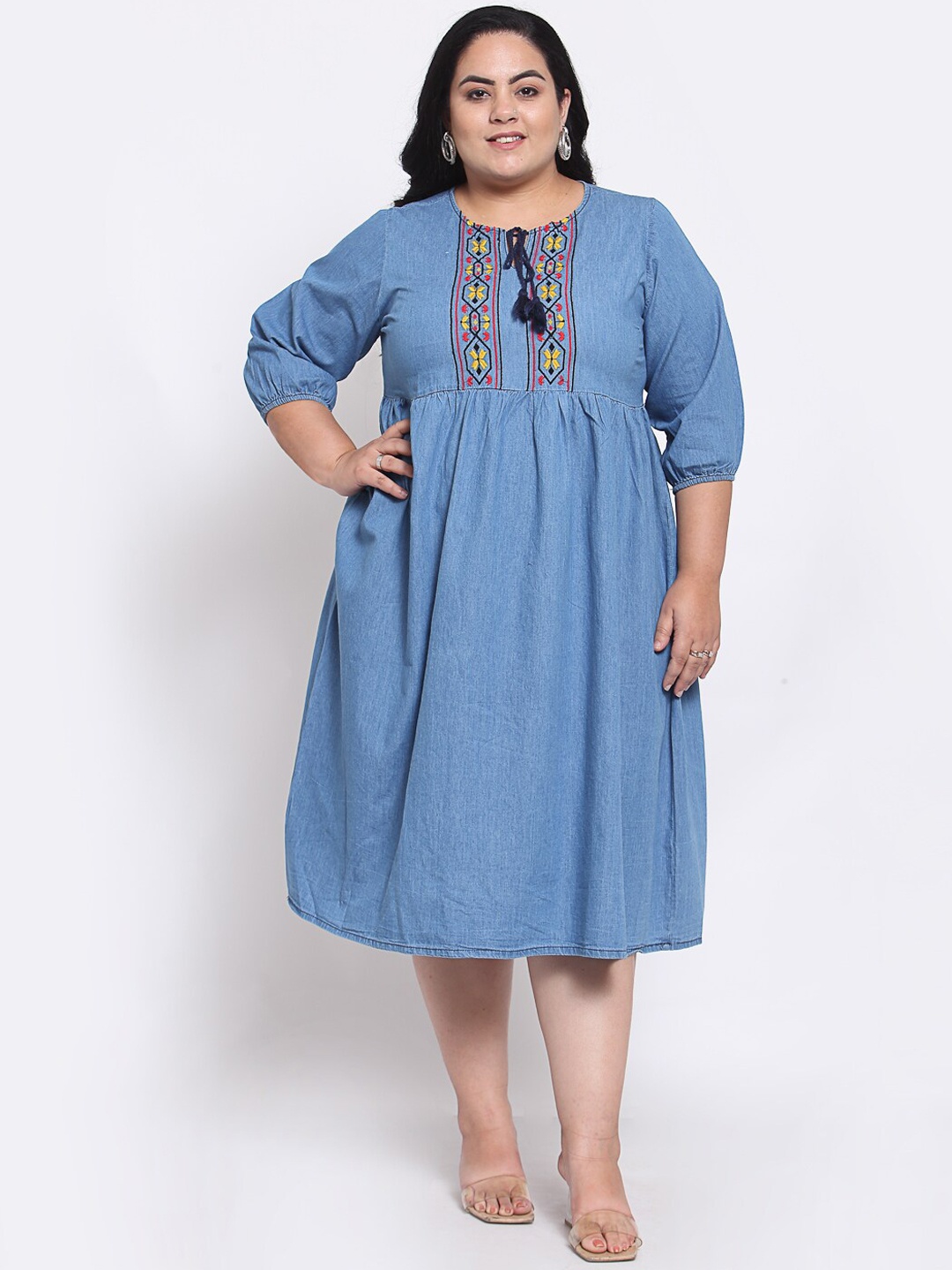 

MELON Women Blue & Yellow Embroidered Tie-Up Neck Empire Midi Dress