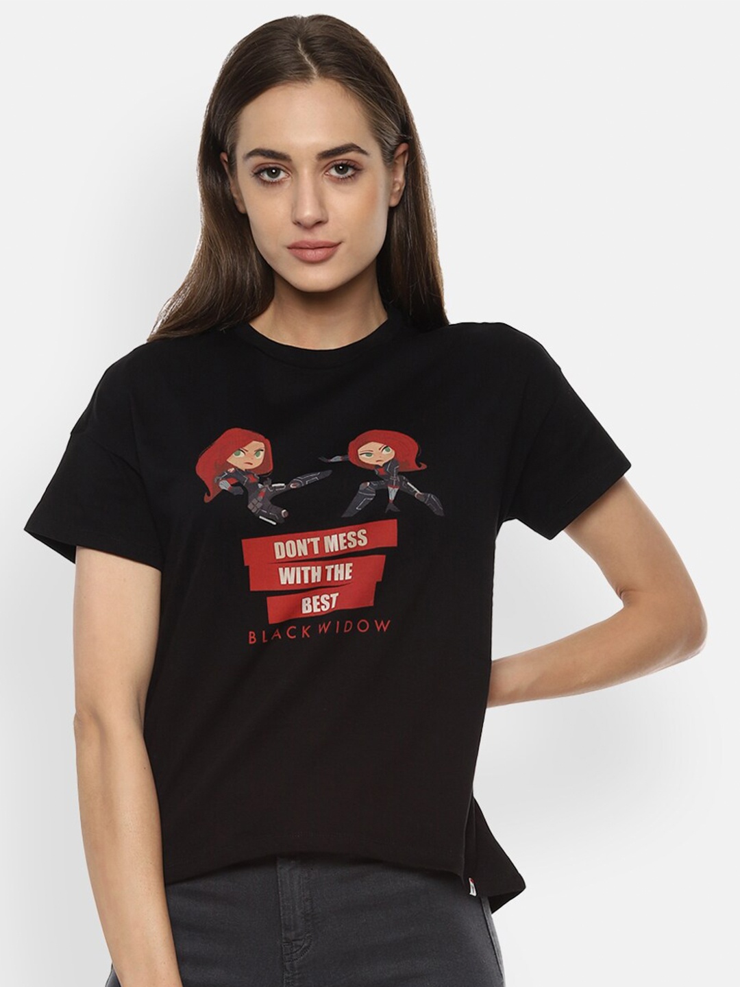 

Van Heusen Woman Women Black Typography Printed Applique T-shirt