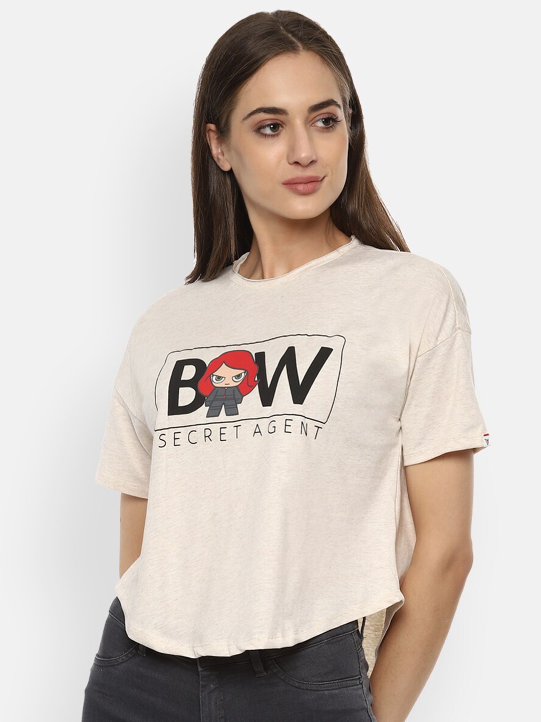 

Van Heusen Woman Women Beige Typography Printed Polo Collar T-shirt