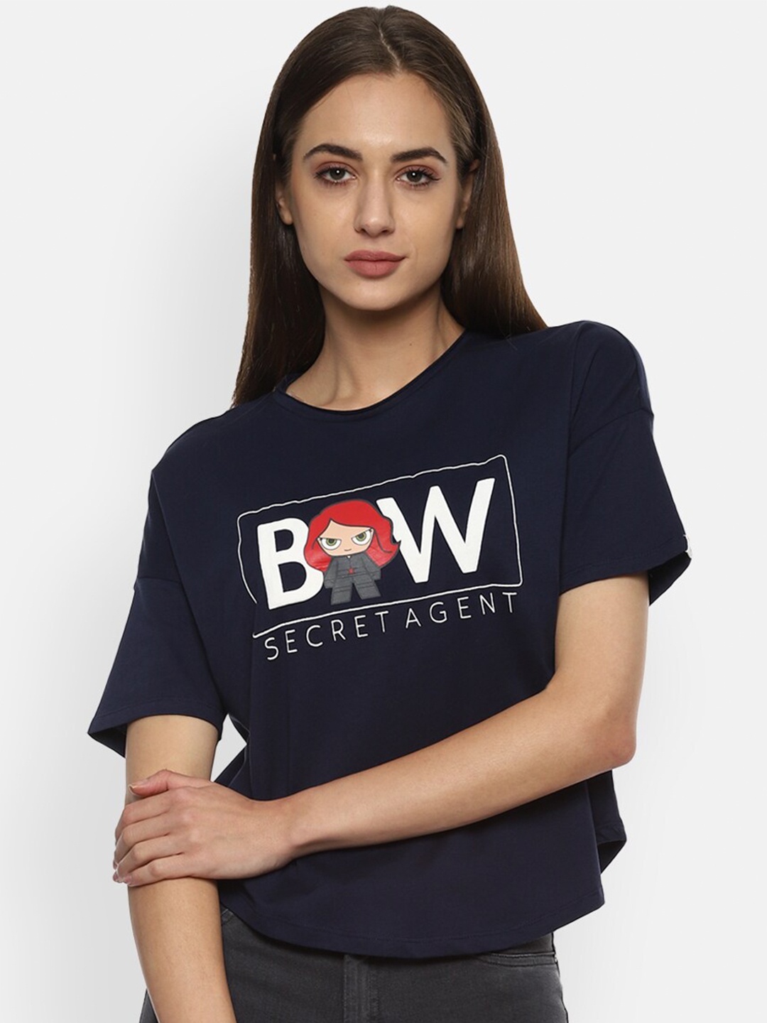 

Van Heusen Woman Women Navy Blue Typography Printed Extended Sleeves Applique T-shirt