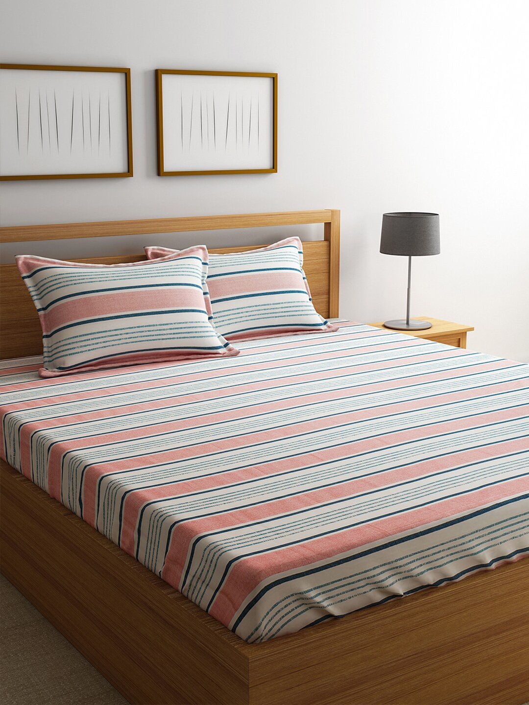 

URBAN DREAM Peach-Coloured & White Striped 210 TC Queen Bedsheet with 2 Pillow Covers