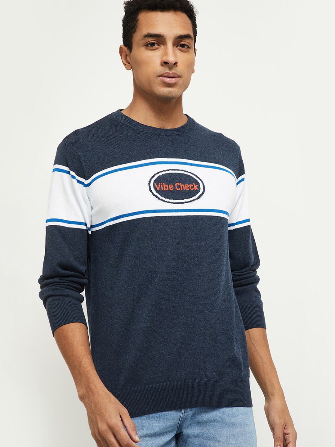

max Men Blue Striped Applique T-shirt
