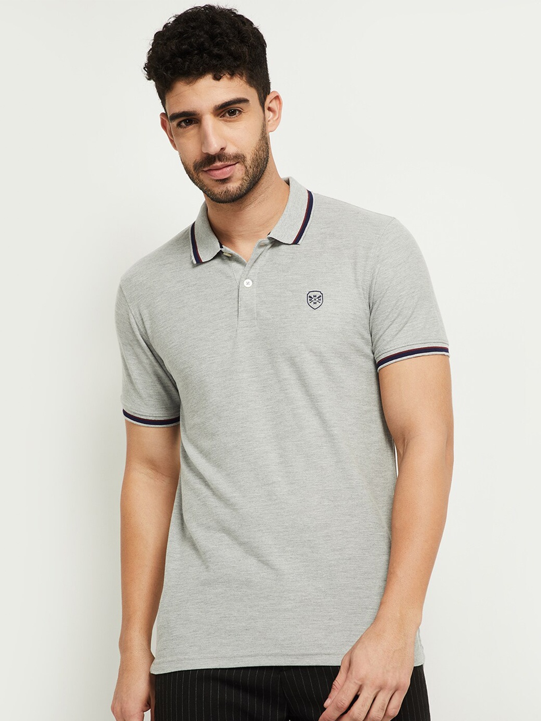 

max Men Grey Polo Collar Applique T-shirt