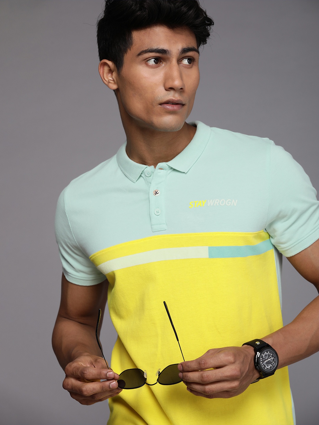 

WROGN Men Yellow Blue Colourblocked Polo Collar Slim Fit Pure Cotton T-shirt