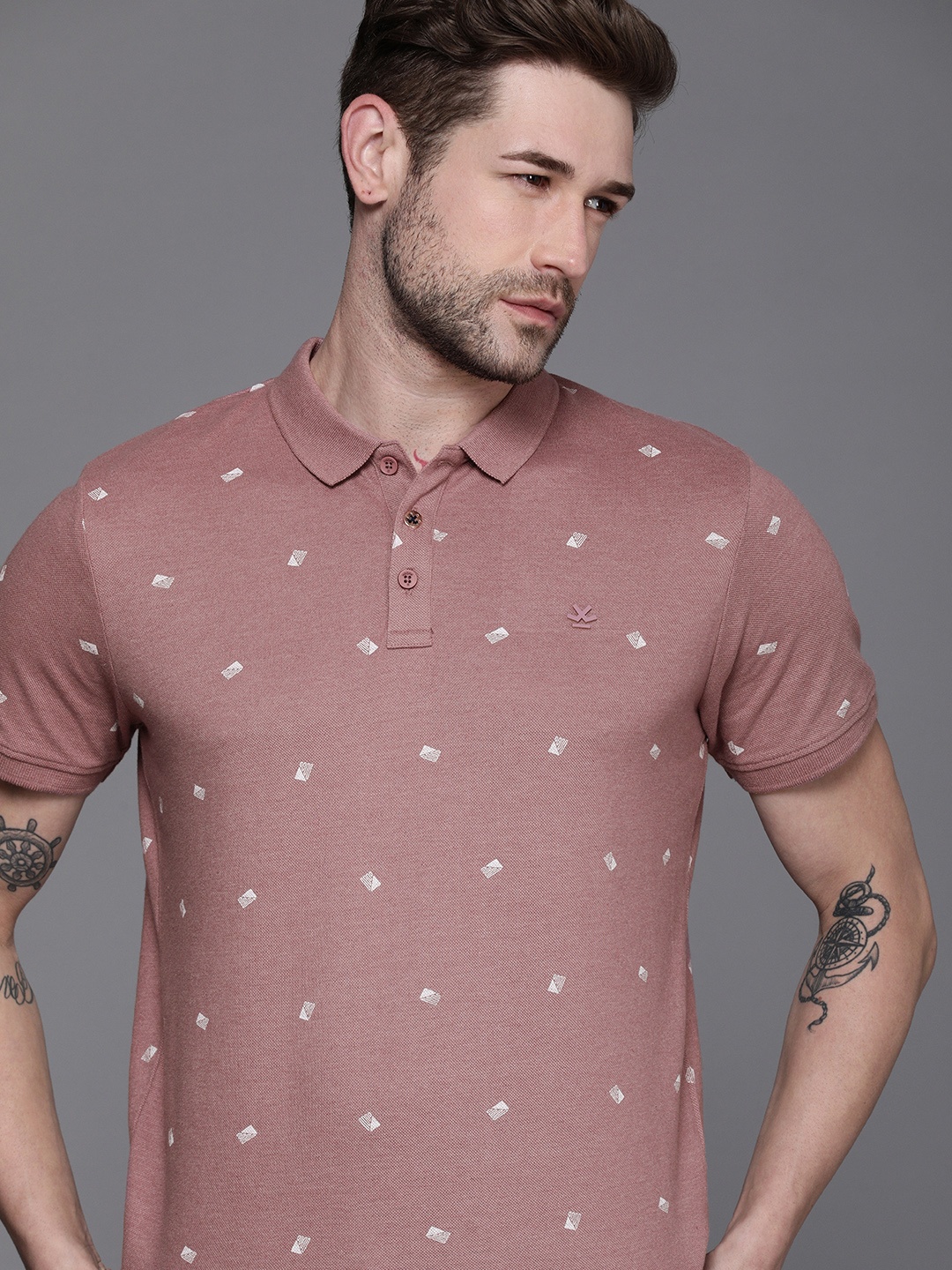 

WROGN Men Mauve Geometric Printed Polo Collar Slim Fit T-shirt