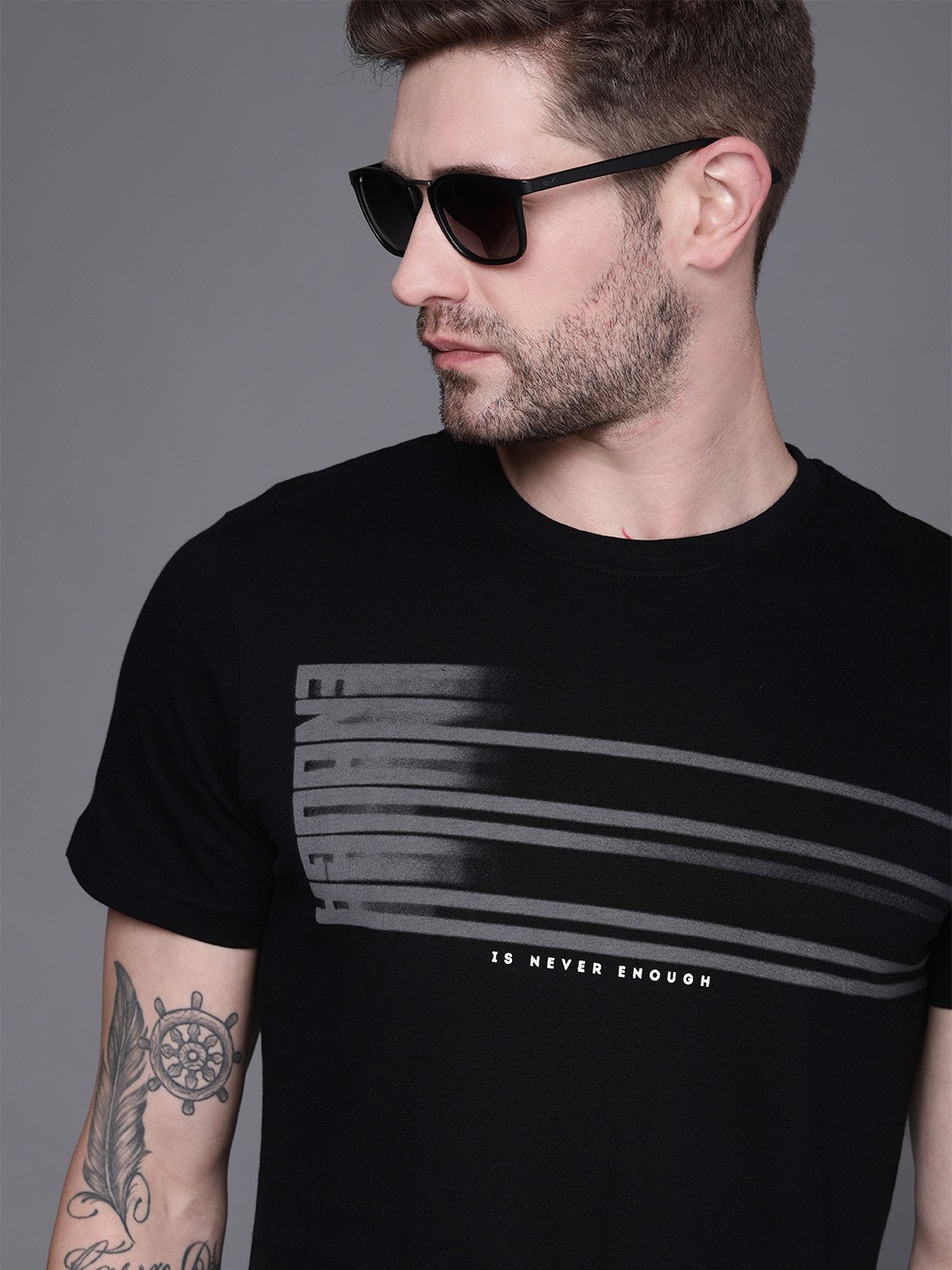 

WROGN Men Black Grey Typography Print Pure Cotton Slim Fit Round Neck Pure Cotton T-shirt