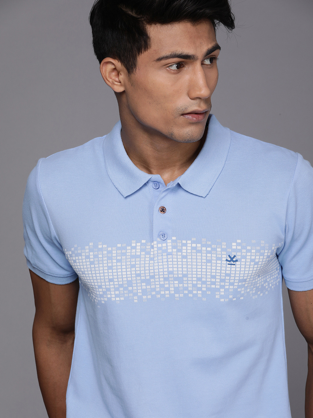 

WROGN Men Blue Printed Polo Collar Slim Fit Pure Cotton T-shirt