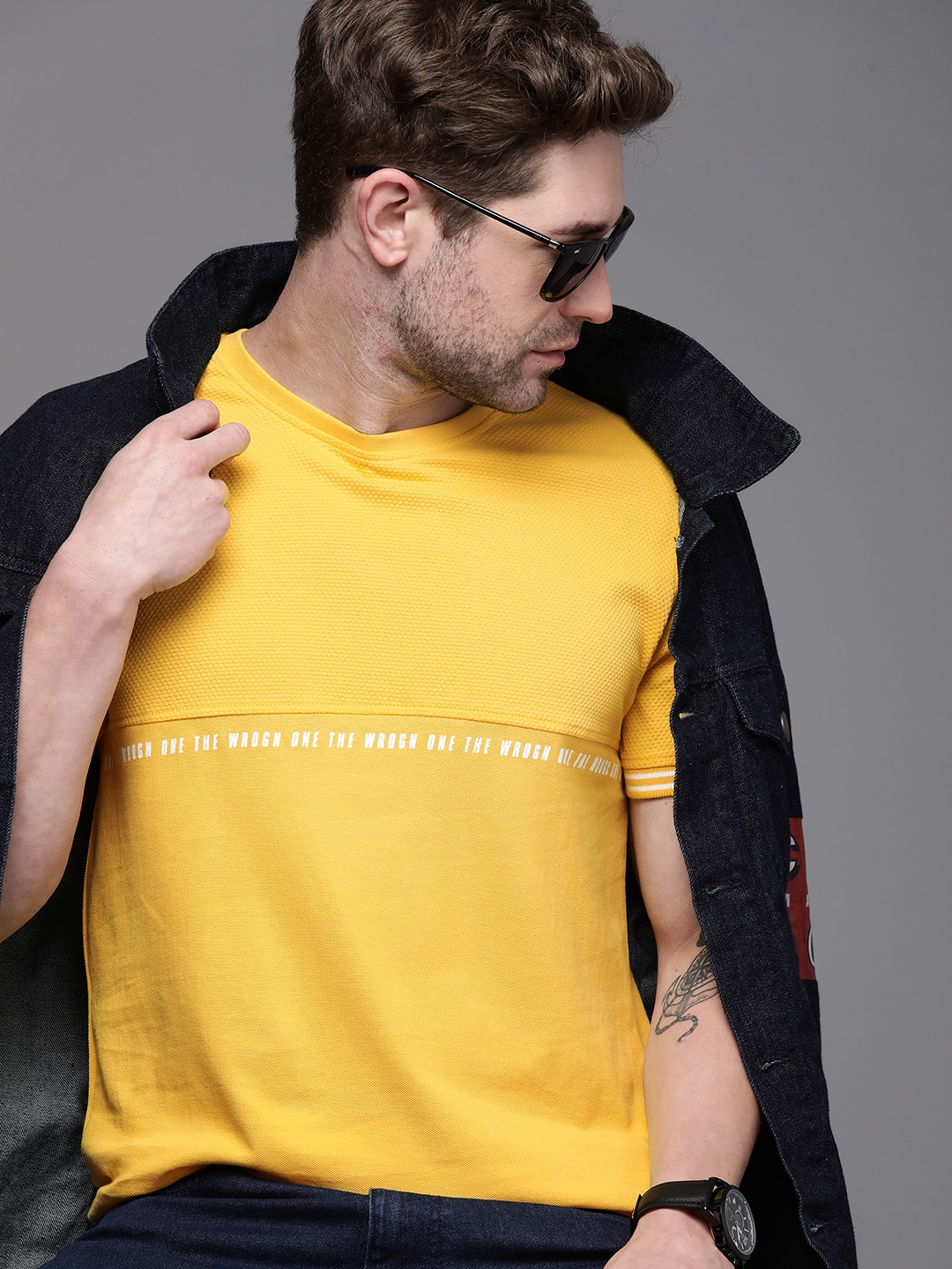 

WROGN Men Yellow Typography Printed Slim Fit Pure Cotton T-shirt