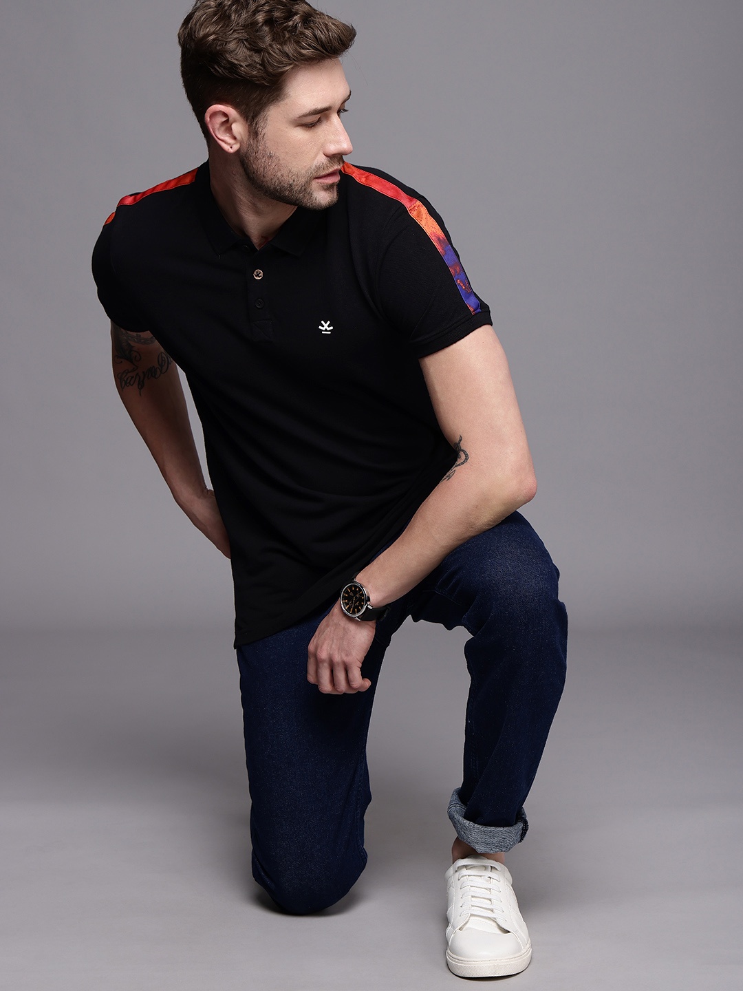 

WROGN Men Black Side Striped Polo Collar Slim Fit Pure Cotton T-shirt