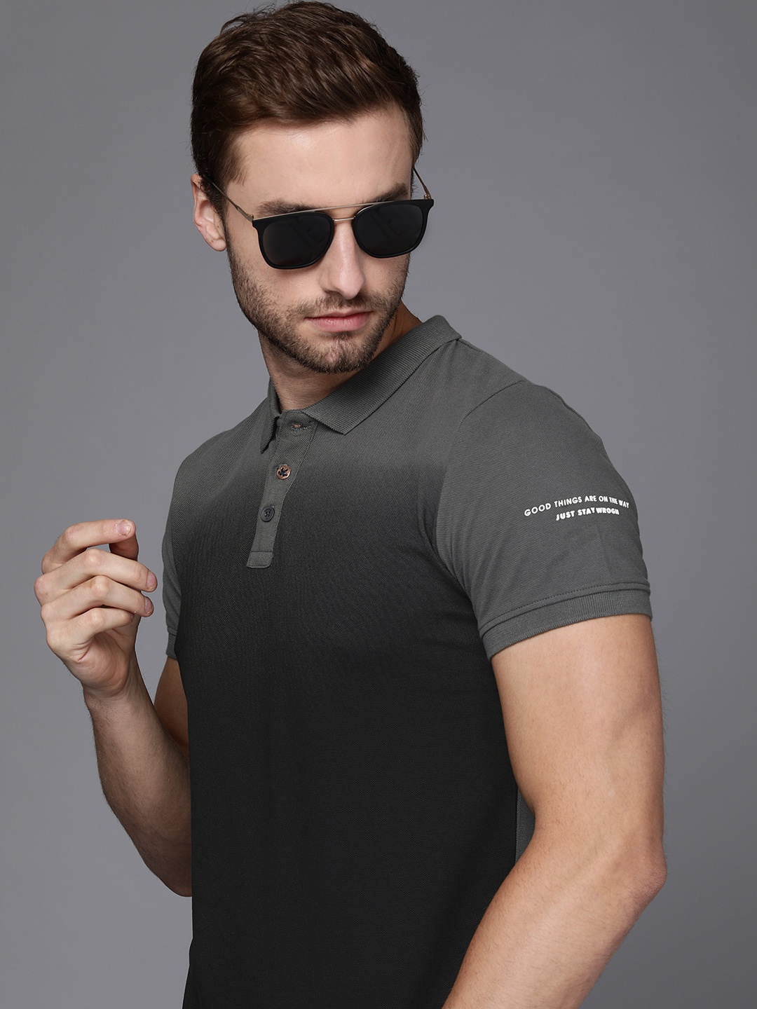 

WROGN Men Black & Grey Cotton Ombre Polo Collar T-shirt