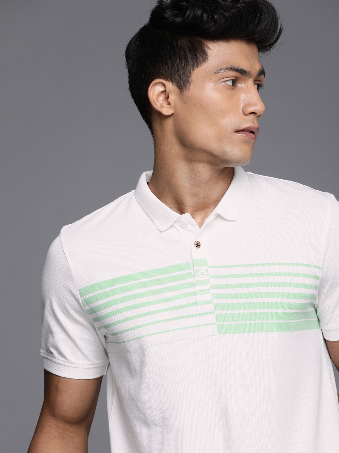 

WROGN Men White Green Striped Polo Collar Slim Fit Pure Cotton T-shirt