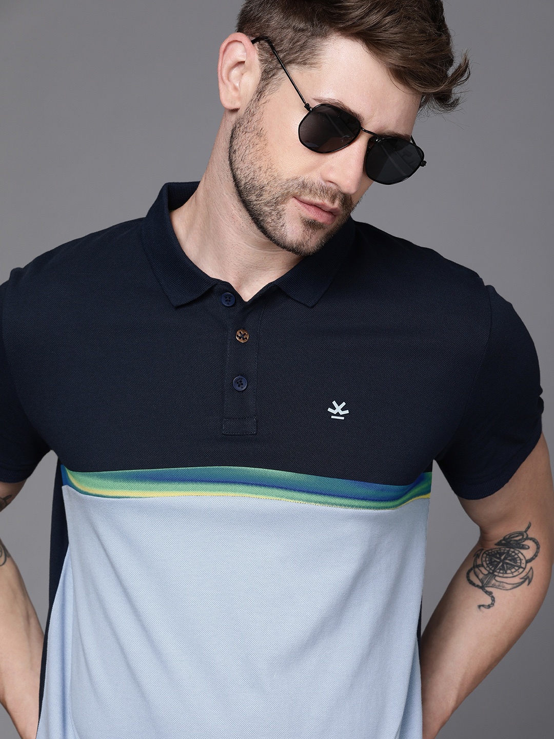 

WROGN Men Navy Blue & Blue Colourblocked Polo Collar Slim Fit Pure Cotton T-shirt