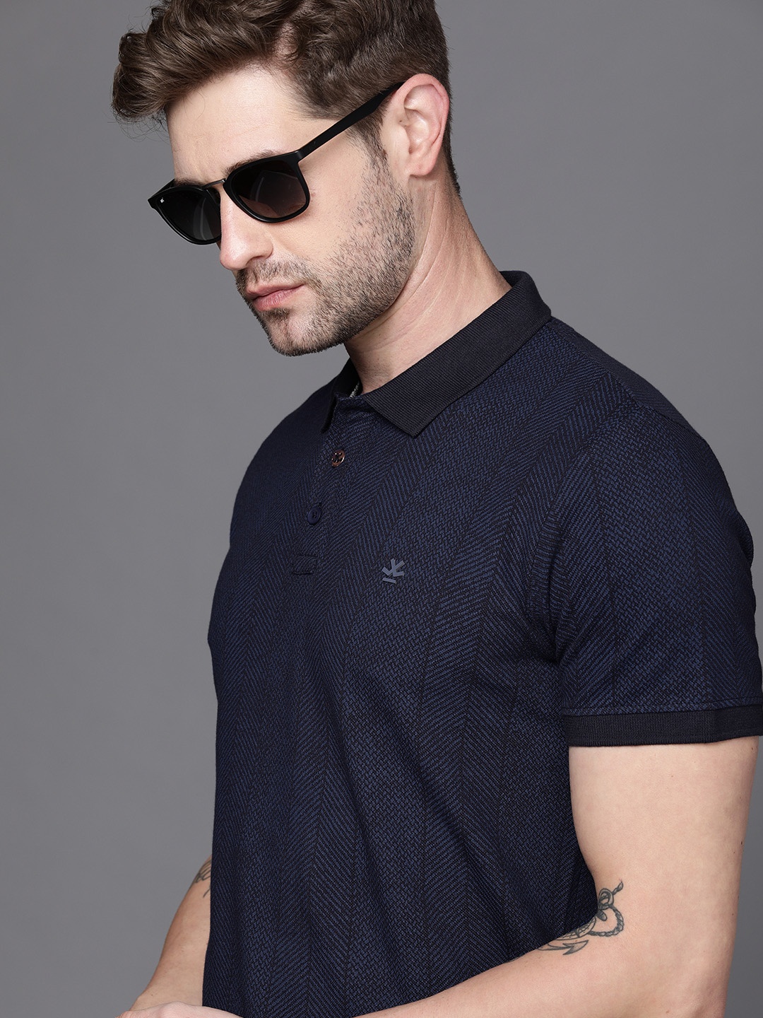 

WROGN Men Navy Blue Self-Designed Polo Collar Slim Fit Pure Cotton Casual T-shirt