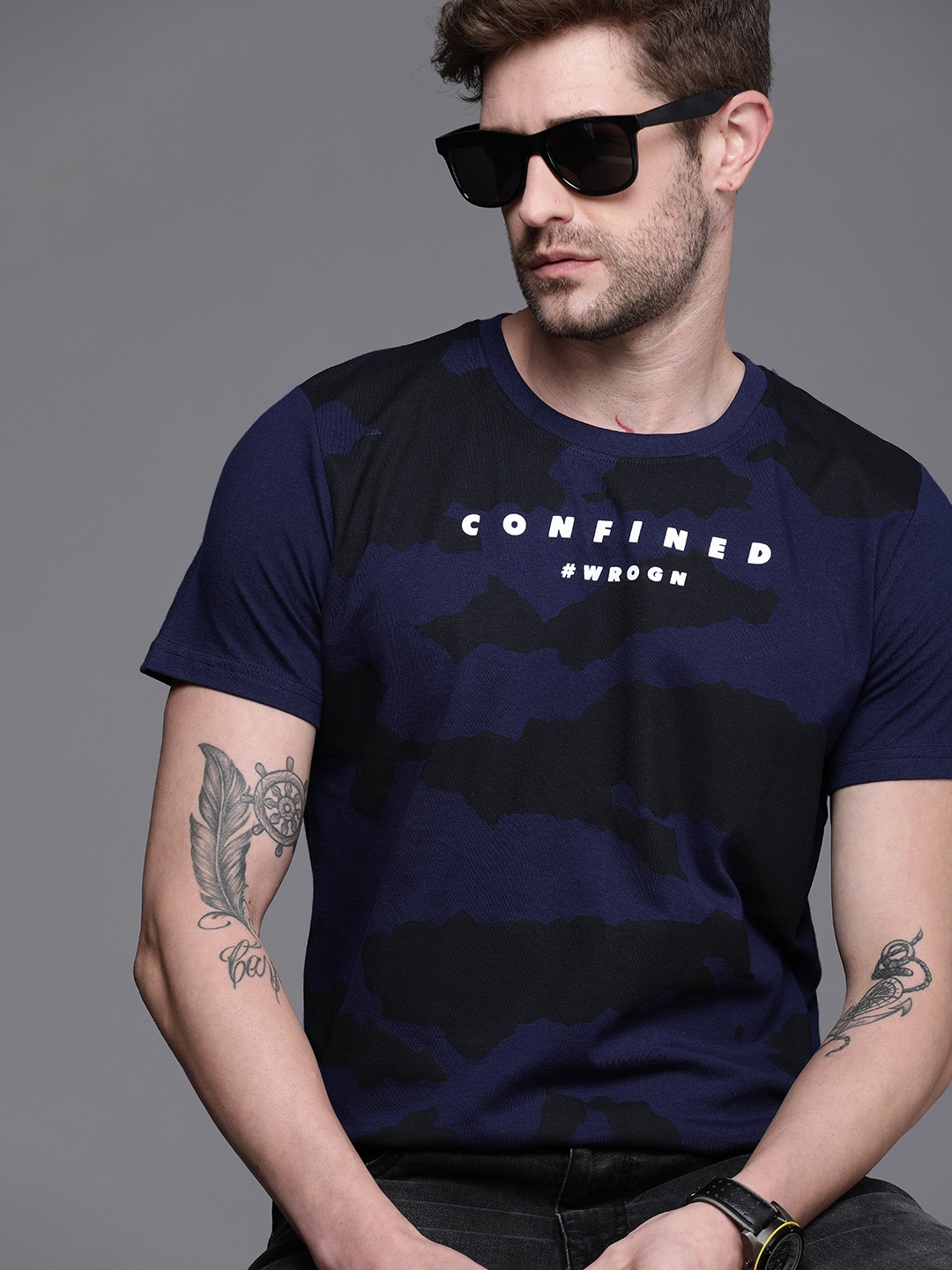 

WROGN Men Navy Blue Typography Printed Slim Fit Pure Cotton T-shirt
