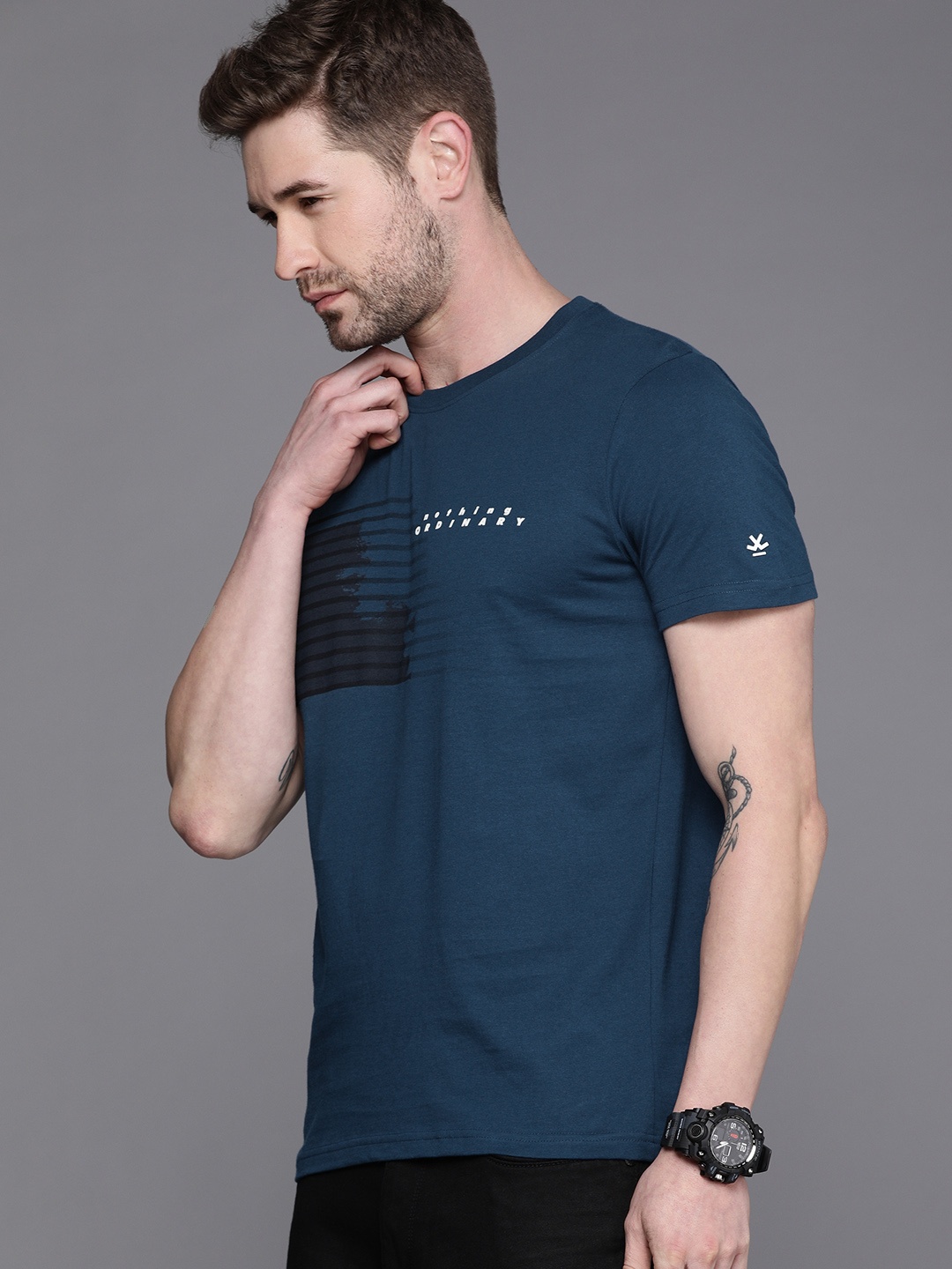 

WROGN Men Teal Blue Typography Printed Slim Fit Pure Cotton T-shirt