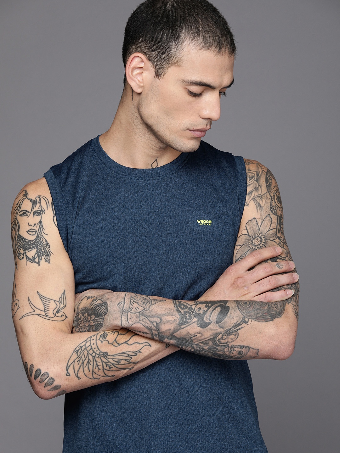 

WROGN ACTIVE Men Blue Brand Logo Printed Sleeveless T-shirt