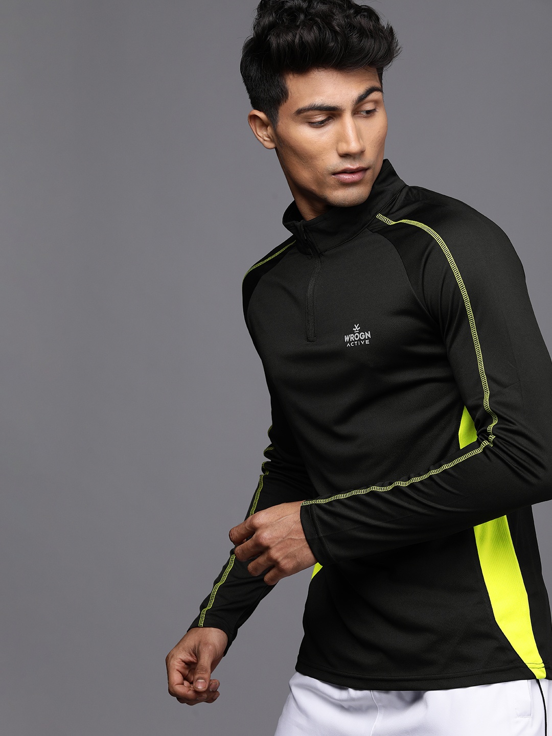 

WROGN ACTIVE Men Black & Lime Green Mandarin Collar Slim Fit T-shirt