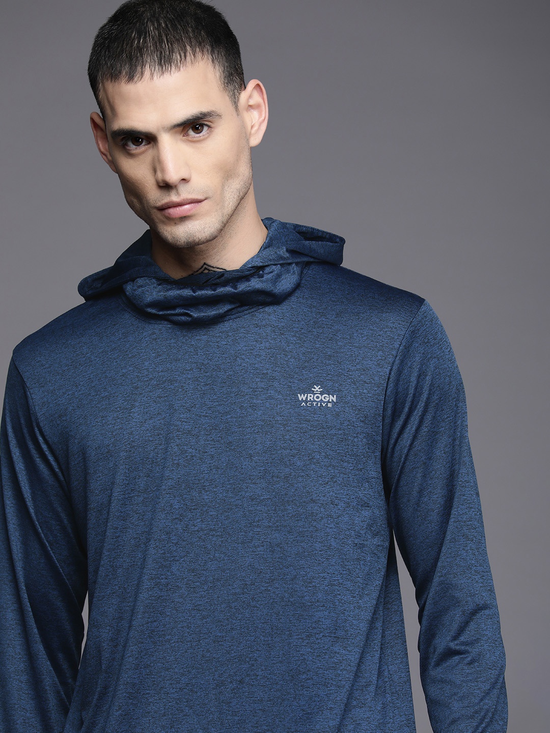 

WROGN ACTIVE Men Navy Blue Melange Effect T-shirt with Attached Balaclava