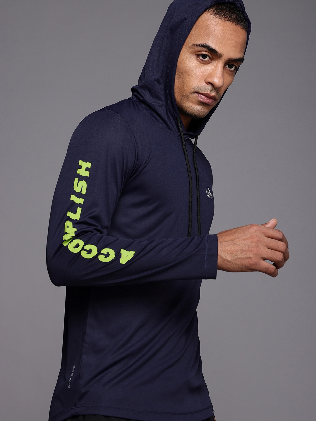 

WROGN ACTIVE Men Navy Blue Printed Sleeves Hooded Slim Fit T-shirt