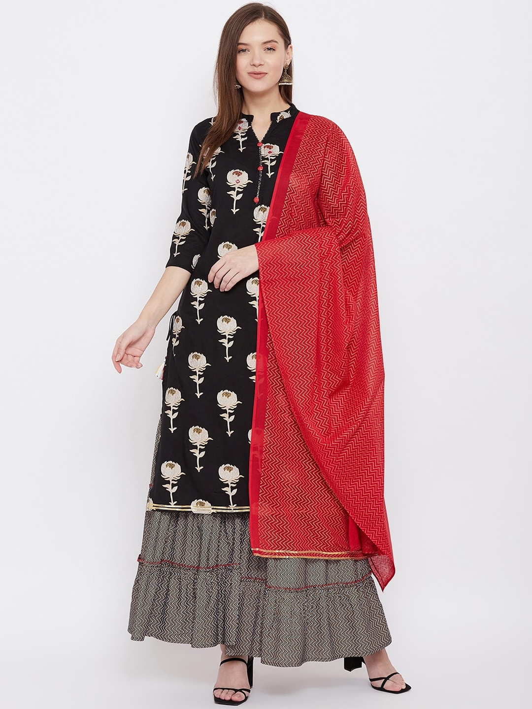 

Prakhya Women Black Floral Printed Gotta Patti Kurta with Sharara & Dupatta
