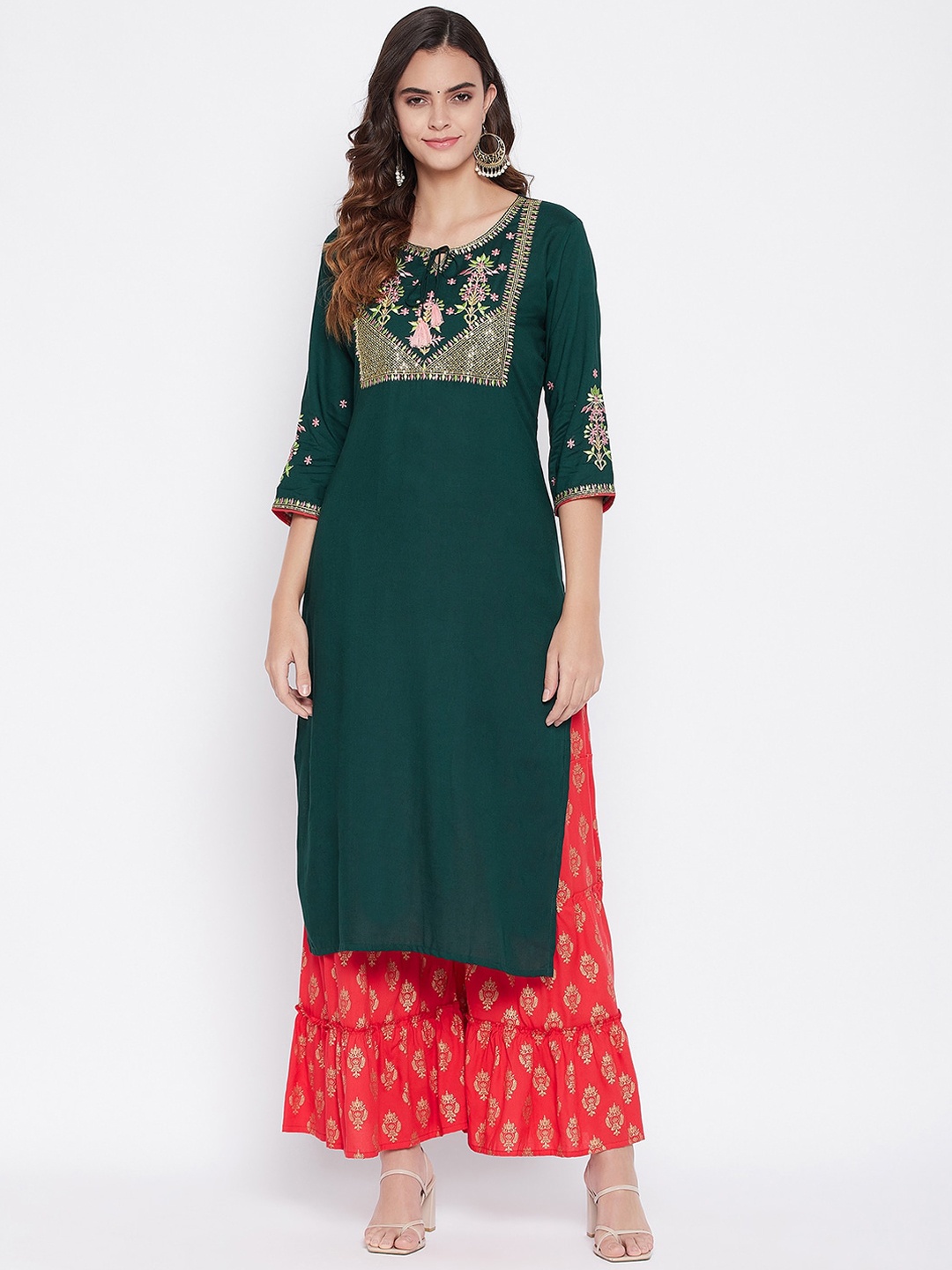 

Prakhya Women Green Ethnic Motifs Yoke Design Kurta with Palazzos