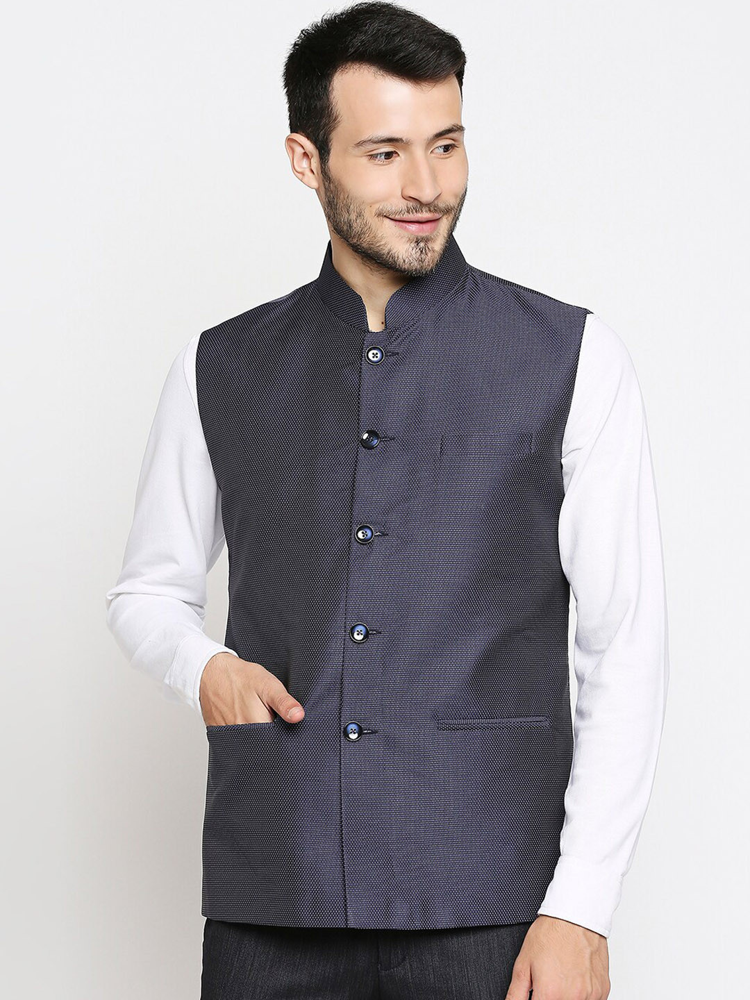 

Blacksmith Men Blue Woven-Design Slim-Fit Nehru Jacket