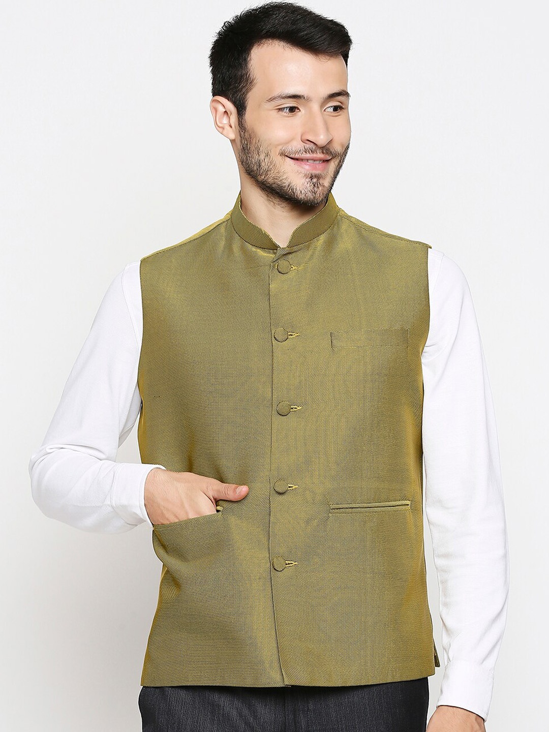 

Blacksmith Men Yellow Woven Design Nehru Jacket