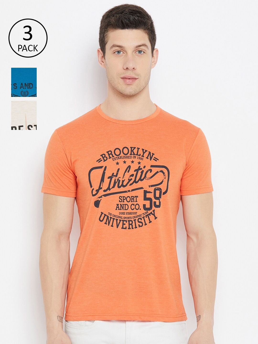 

Duke Men Pack Of 3 Printed Slim Fit T-shirt, Orange