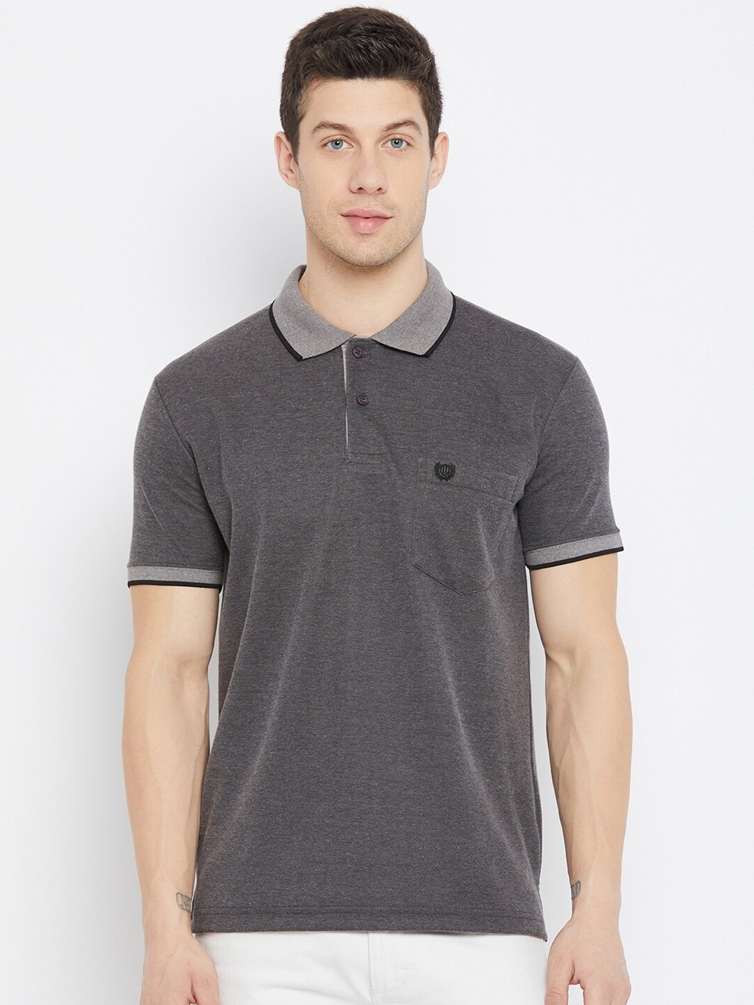 

Duke Men Grey Polo Collar Pockets T-shirt