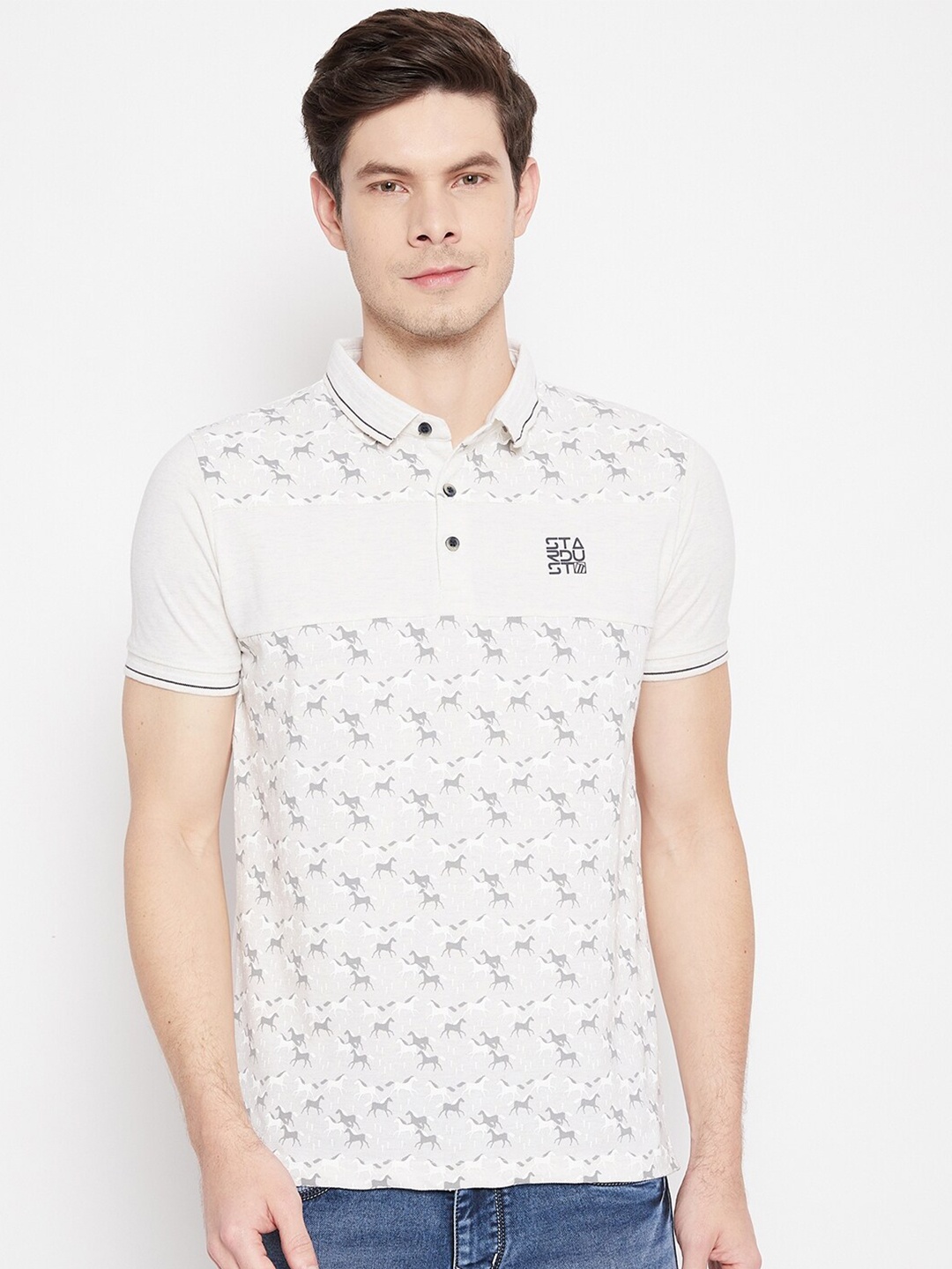

Duke Men White Printed Polo Collar Slim Fit T-shirt