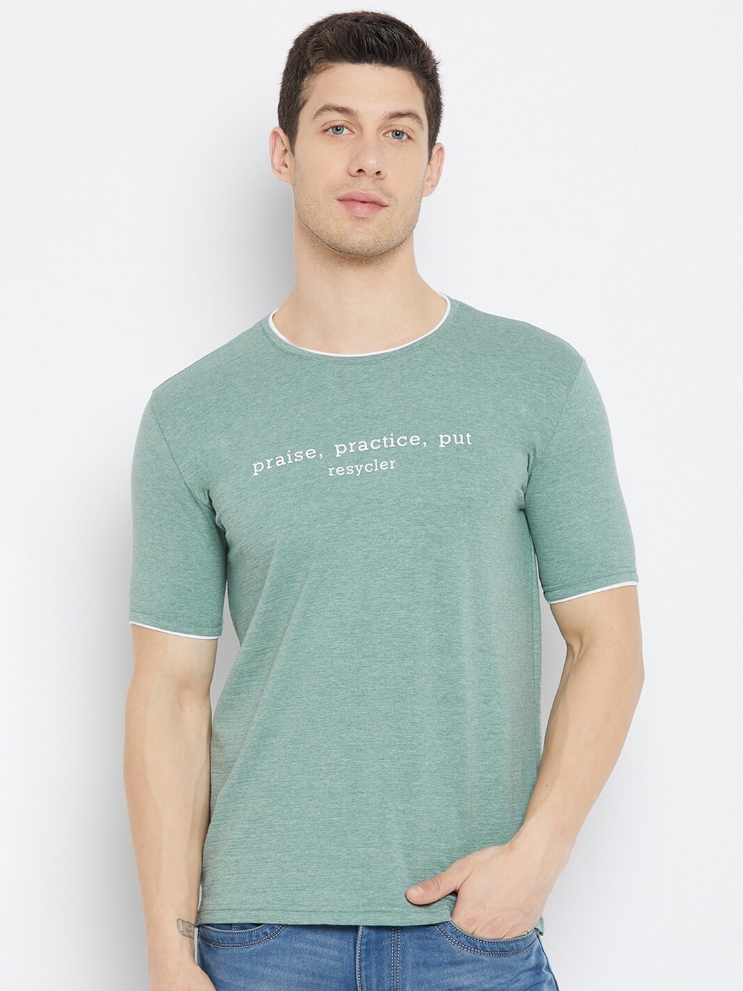 

Duke Men Green Typography Printed Slim Fit T-shirt