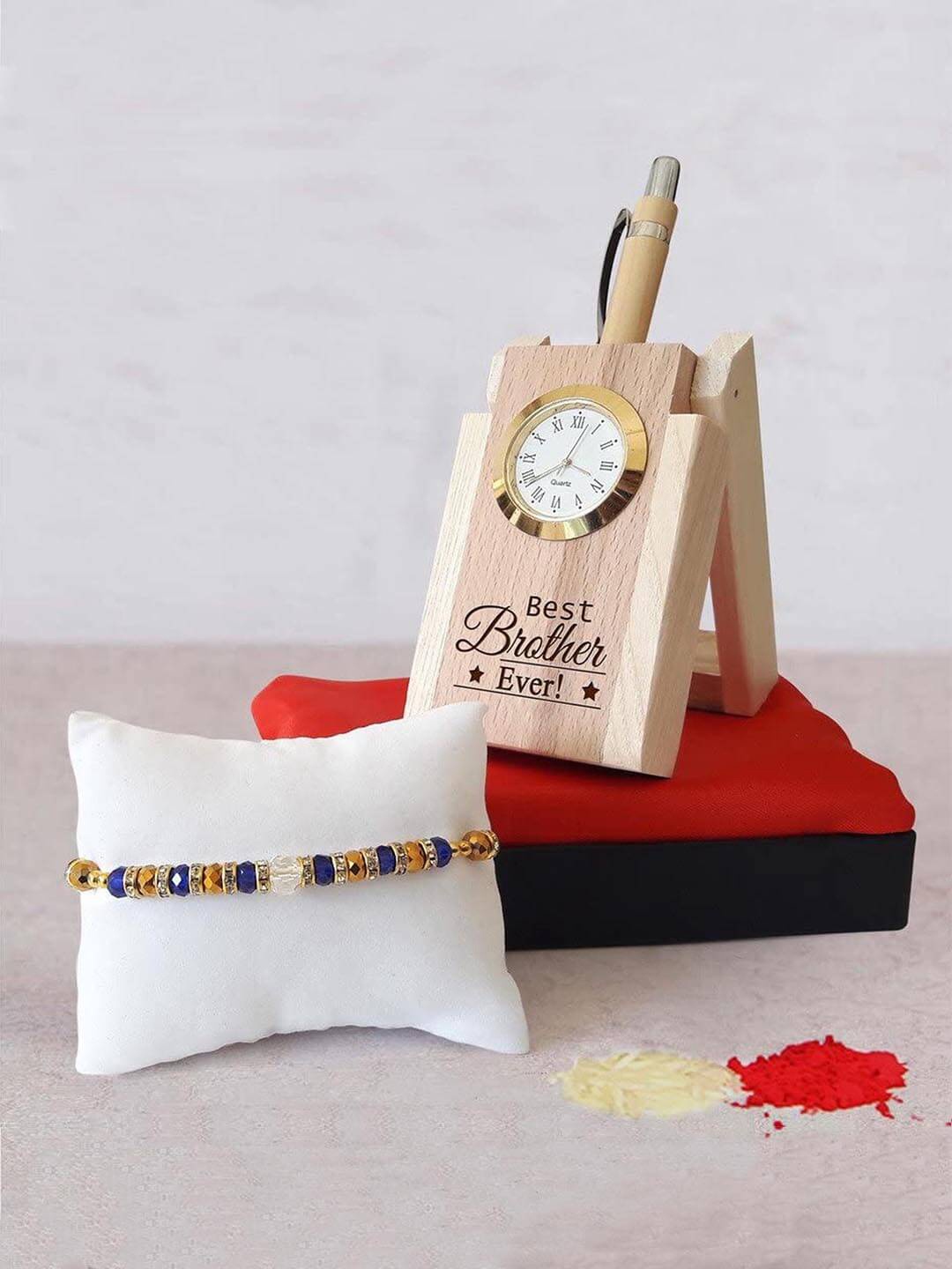 

TIED RIBBONS Bhai Rakhi with Wooden Penstand & Card Combo Gift Set, Multi