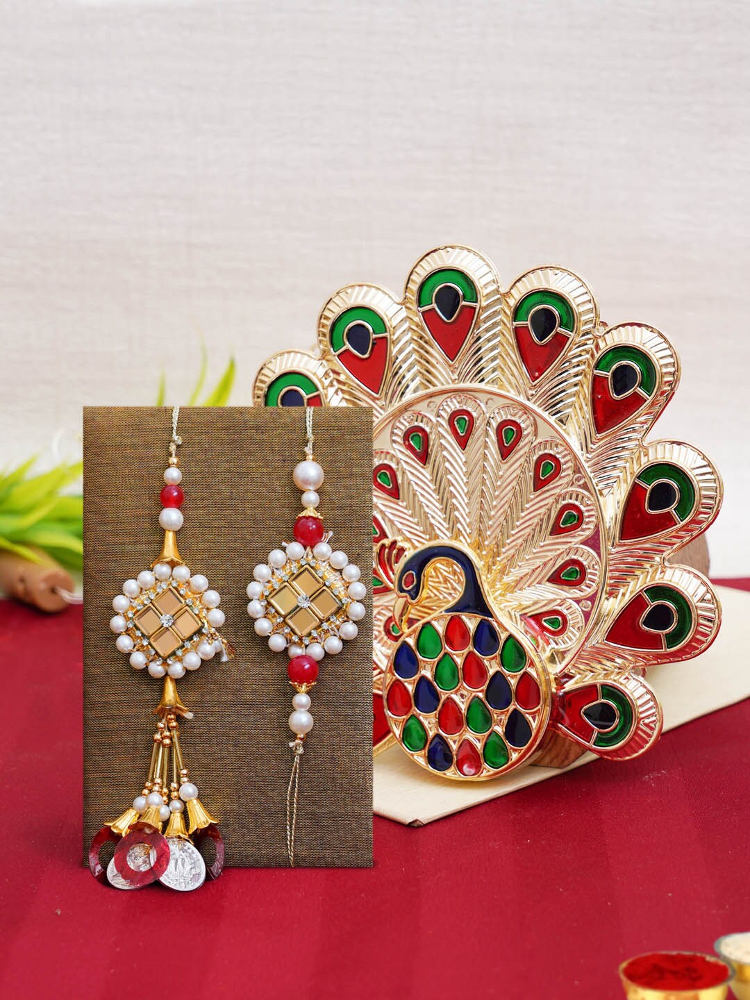 

TIED RIBBONS Bhaiya Bhabhi Rakhi Set with Peacock Pooja Thali Combo Gift Set, Multi