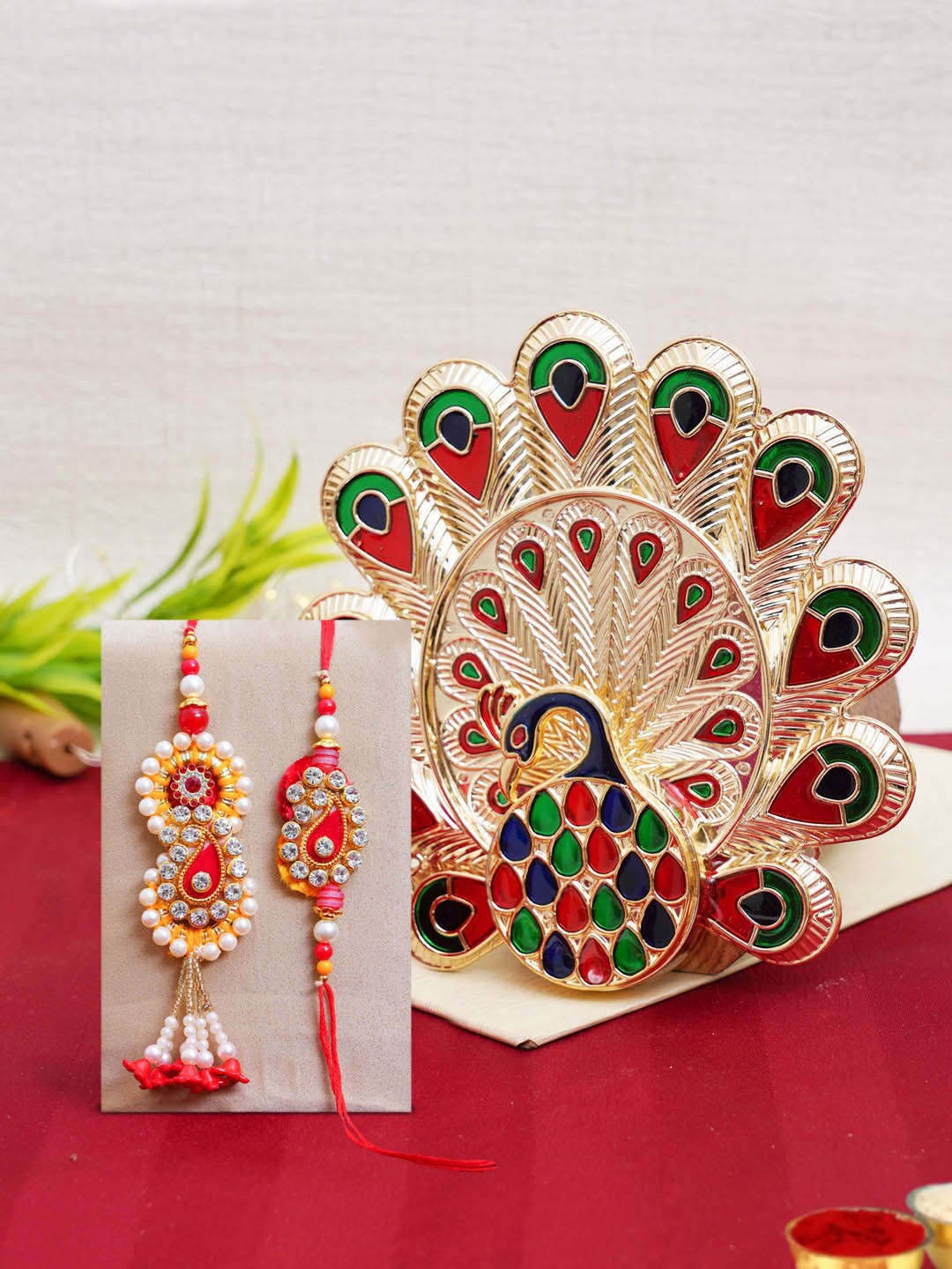 

TIED RIBBONS Bhaiya Bhabhi Rakhi Set with Peacock Pooja Thali Combo Gift Set, Multi