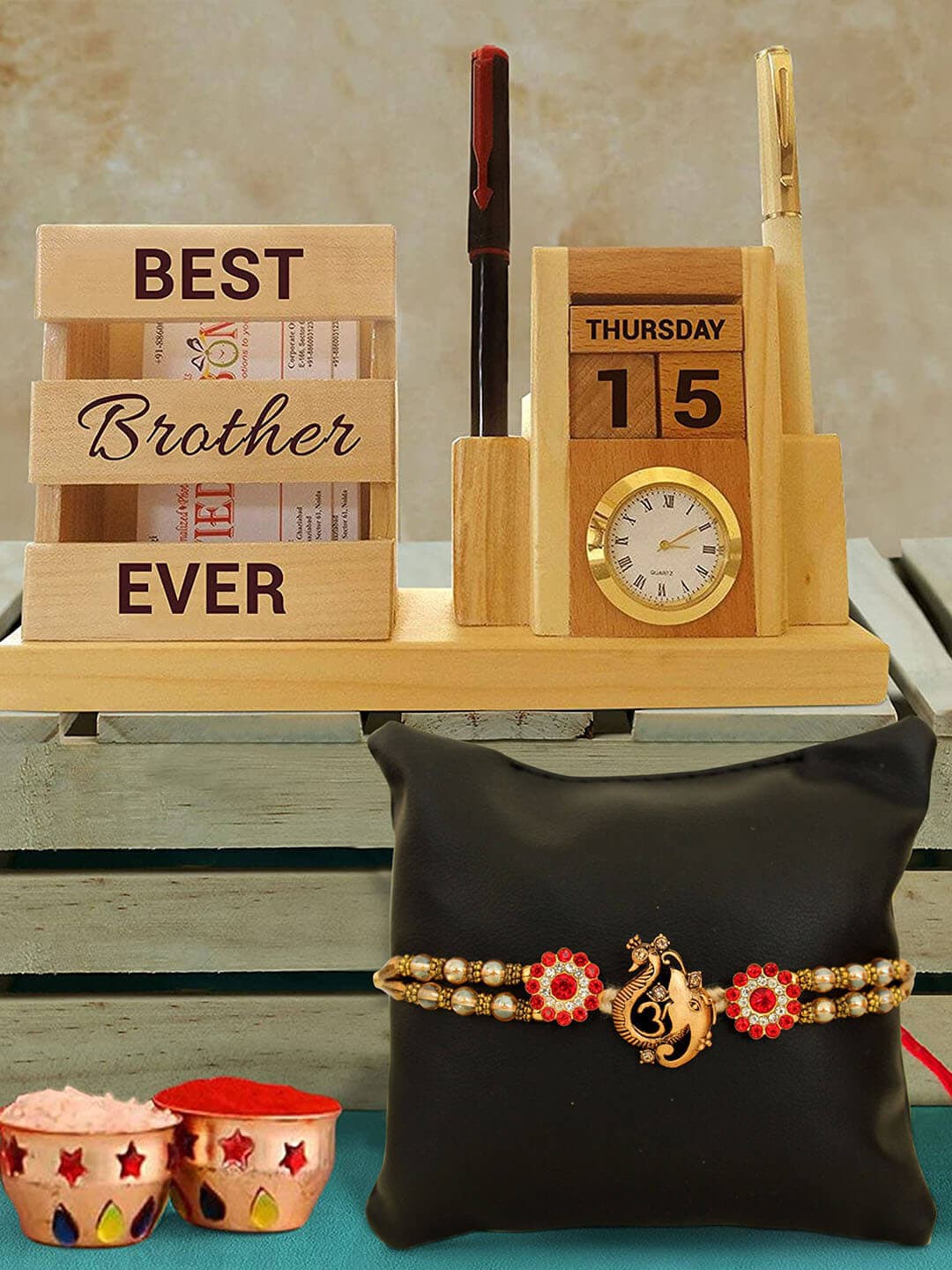 

TIED RIBBONS Bhai Rakhi & Wooden Penstand with Calendar Combo Gift Set, Multi