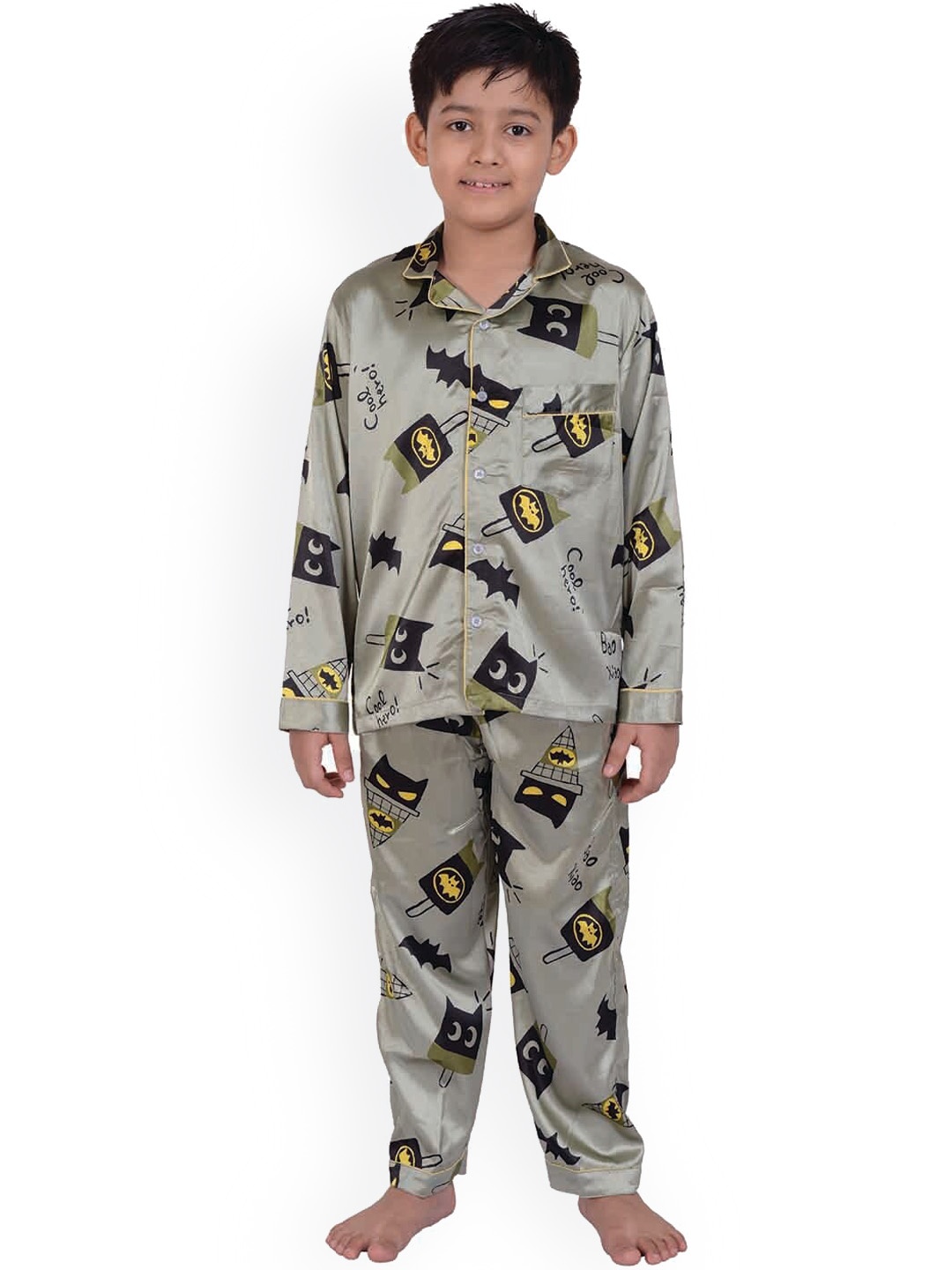 

Zoom Minimondo Kids Grey & Yellow Batman Printed Satin Night Suit