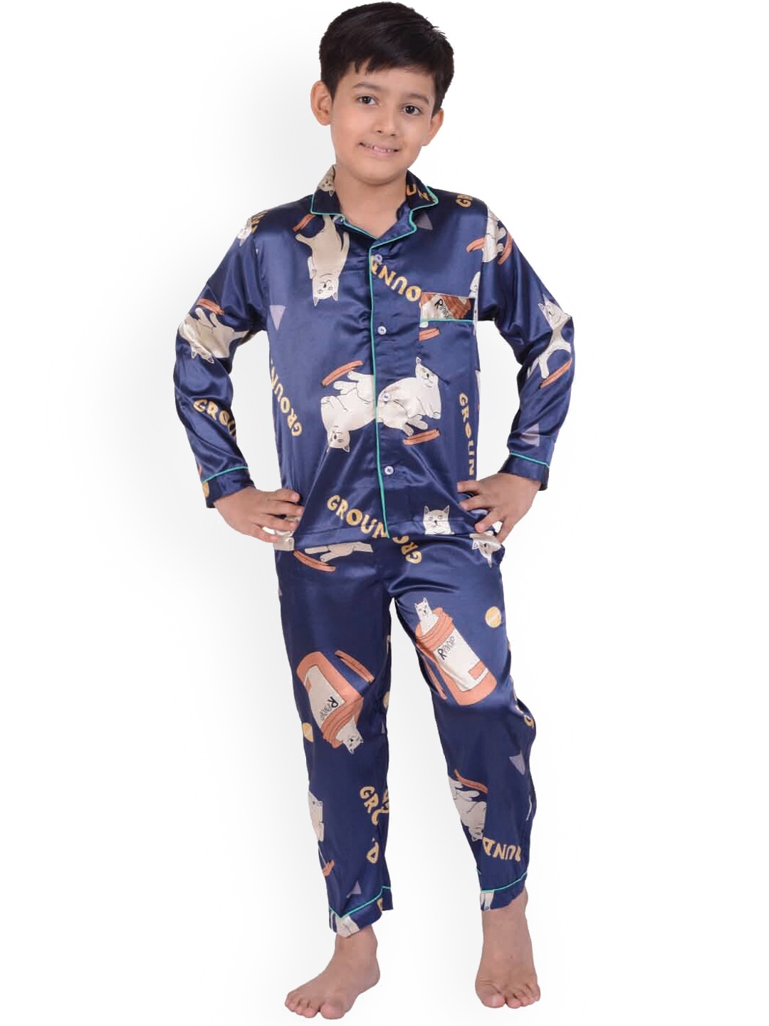 

Zoom Minimondo Unisex Kids Blue & Beige Printed Night Suit