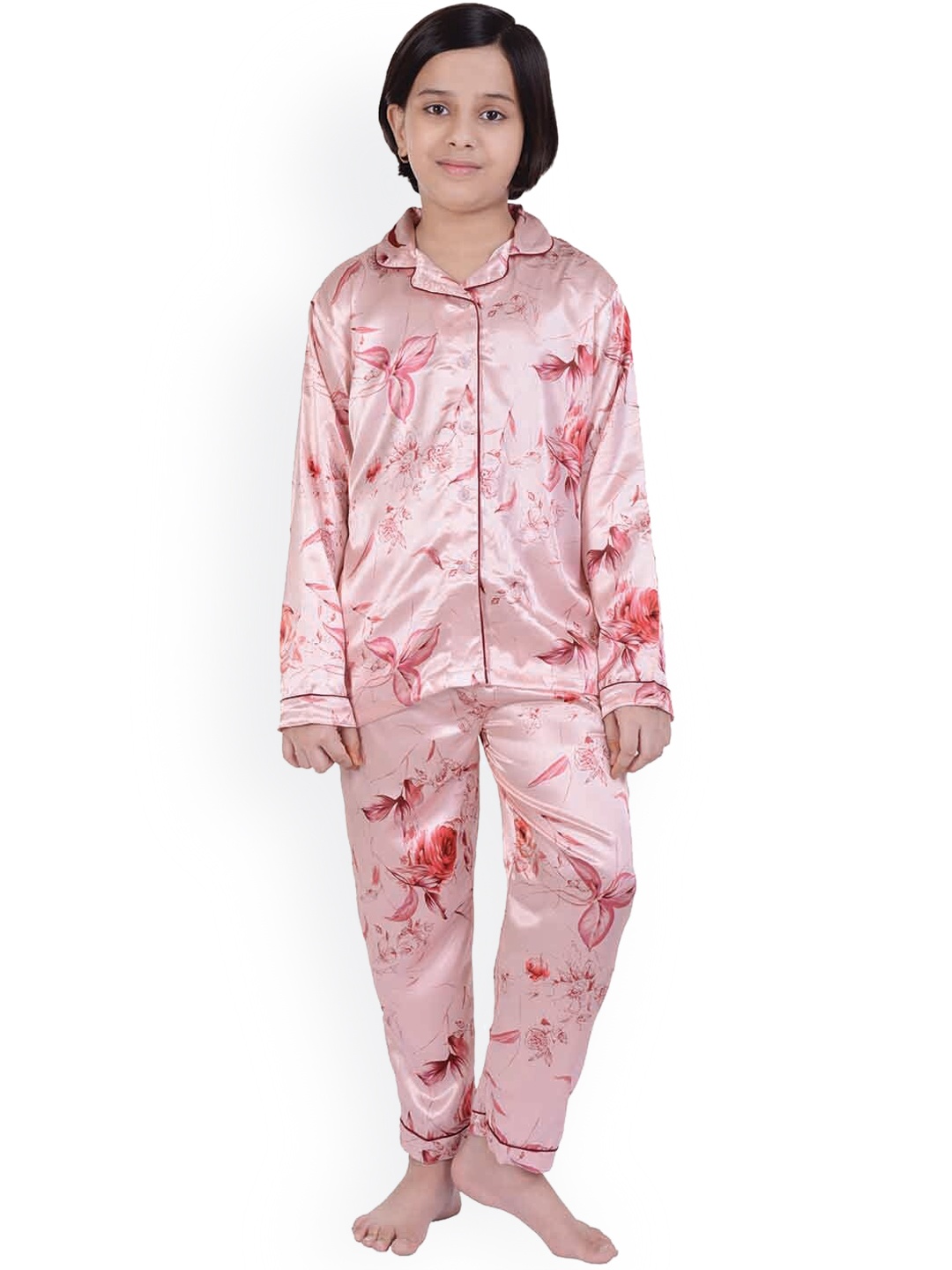 

Zoom Minimondo Unisex Kids Pink Satin Floral Printed Night Suit
