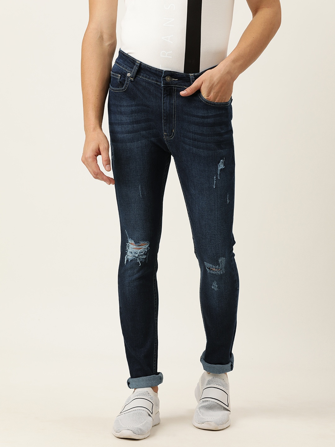 

FOREVER 21 Men Blue Mildly Distressed Slim Fit Stretchable Jeans