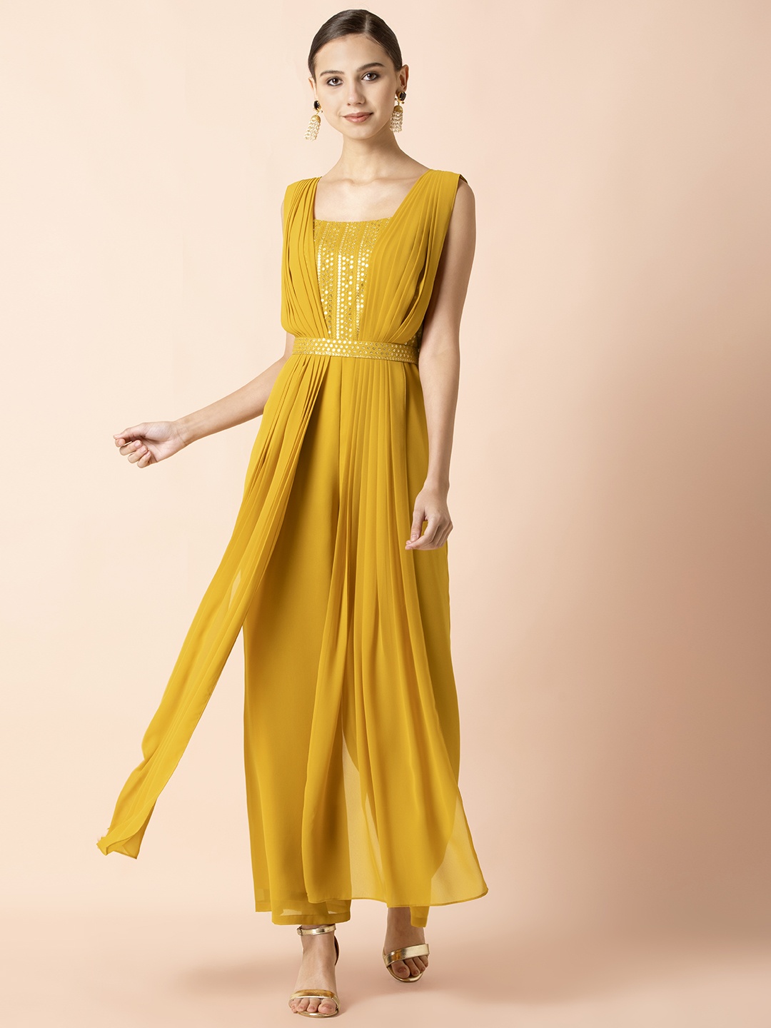 

INDYA X Shraddha Kapoor Women Yellow & Silver-Toned Sequin Double Dupatta Belted Jumpsuit