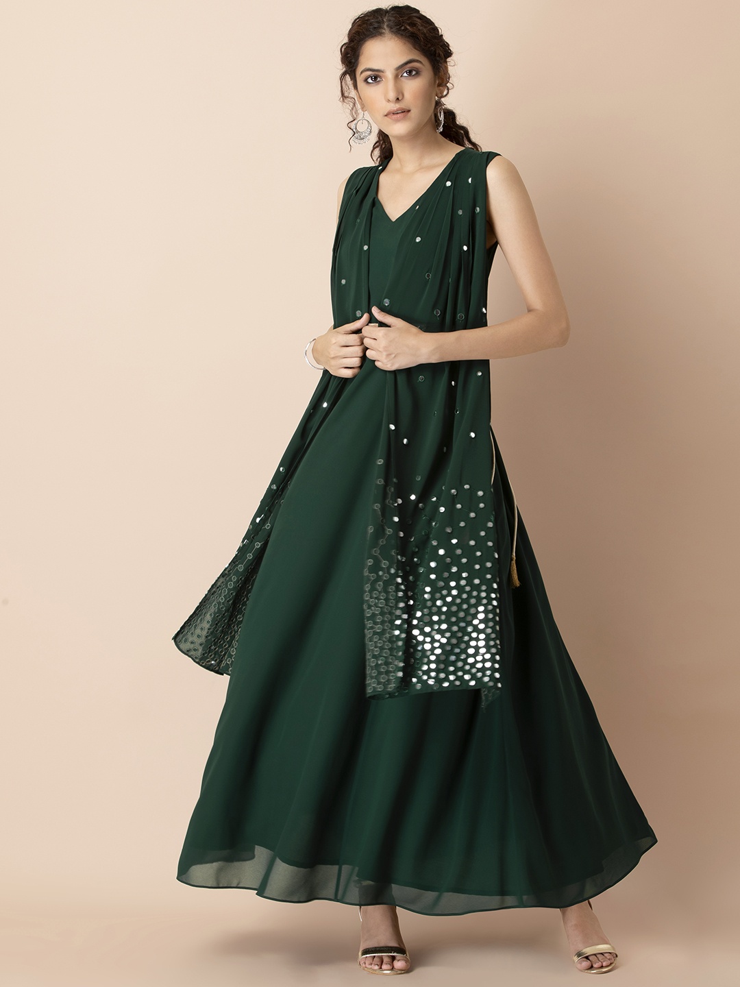 

INDYA Green Embellished Georgette Maxi Dress