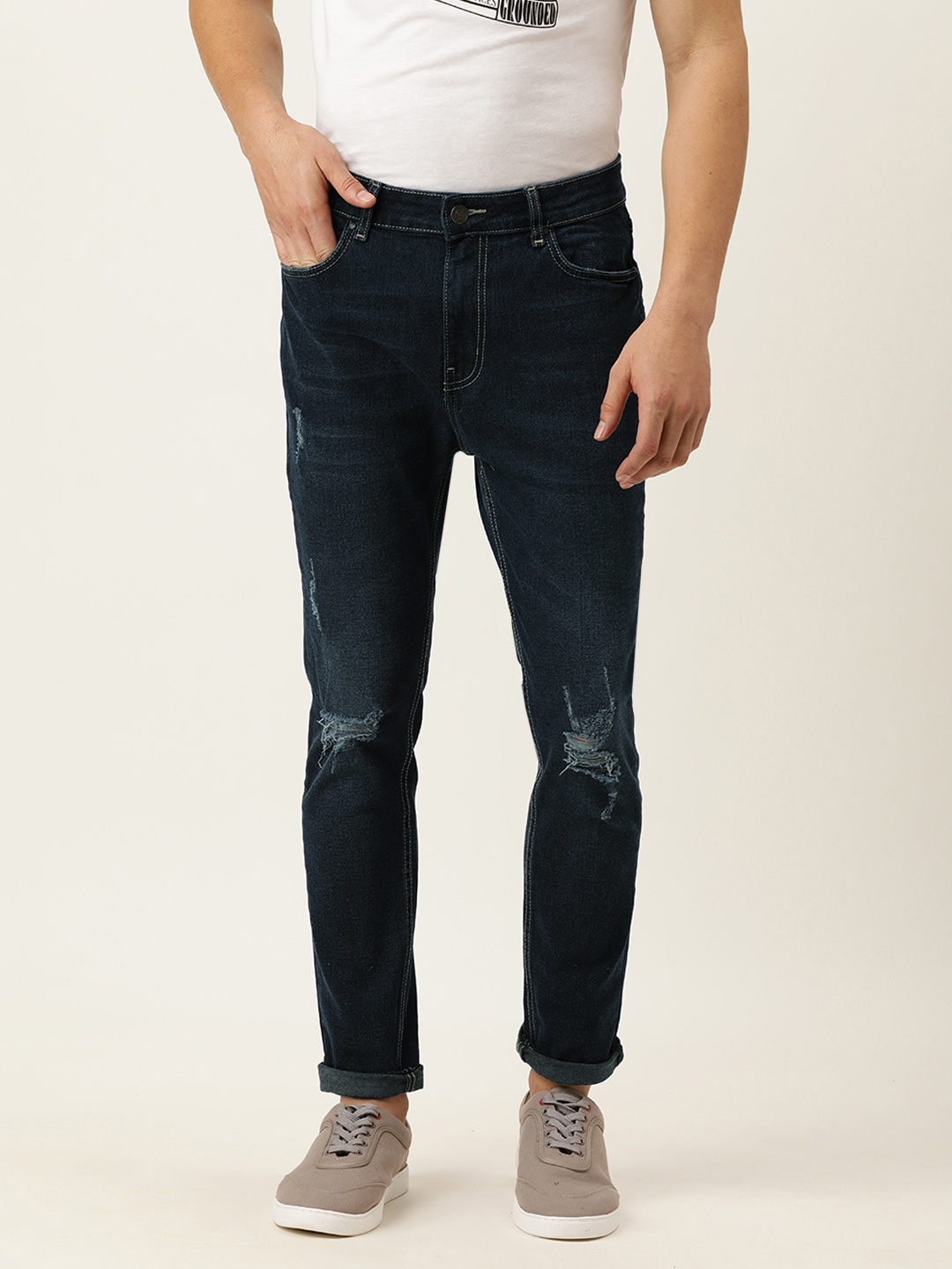 

FOREVER 21 Men Blue Slash Knee Light Fade Slim Fit Stretchable Jeans